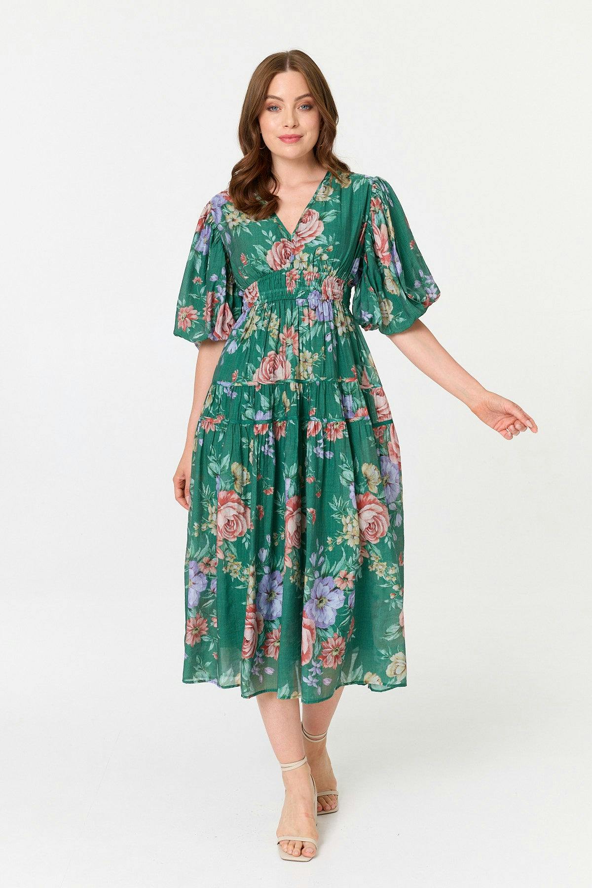 Izabel London Green Floral Puff 1/2 Sleeve Tiered Midi Dress - 16