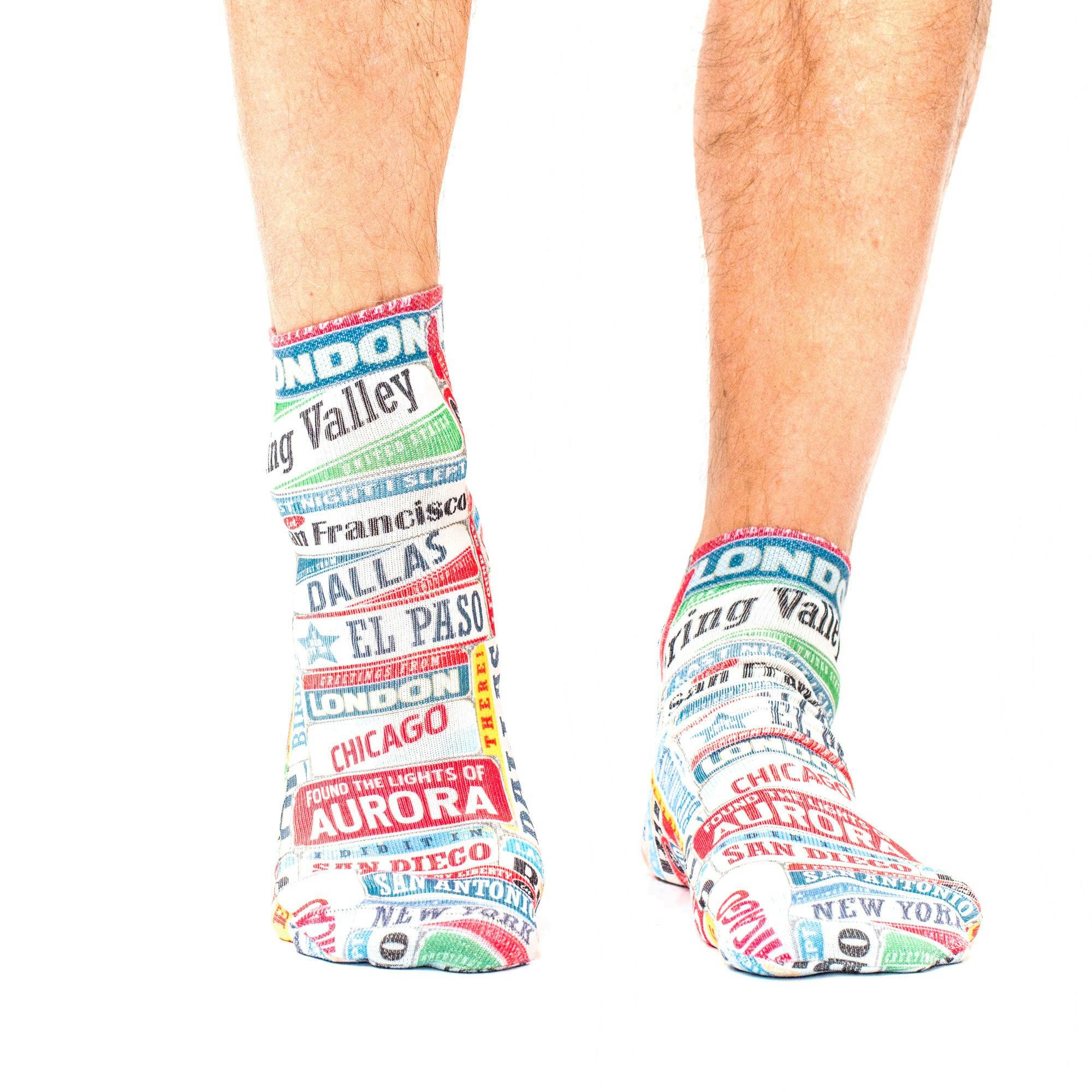 Jemsox Men's Green Vintage Cities Printed ’S Trainer Socks | Retro Urban Style & Comfort