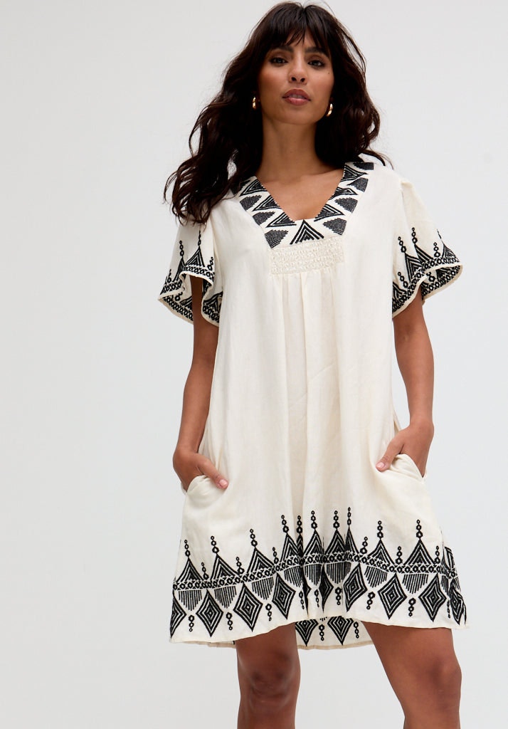 Raffya Cream Liberty V-Neck Embroidered Mini Dress In - 10