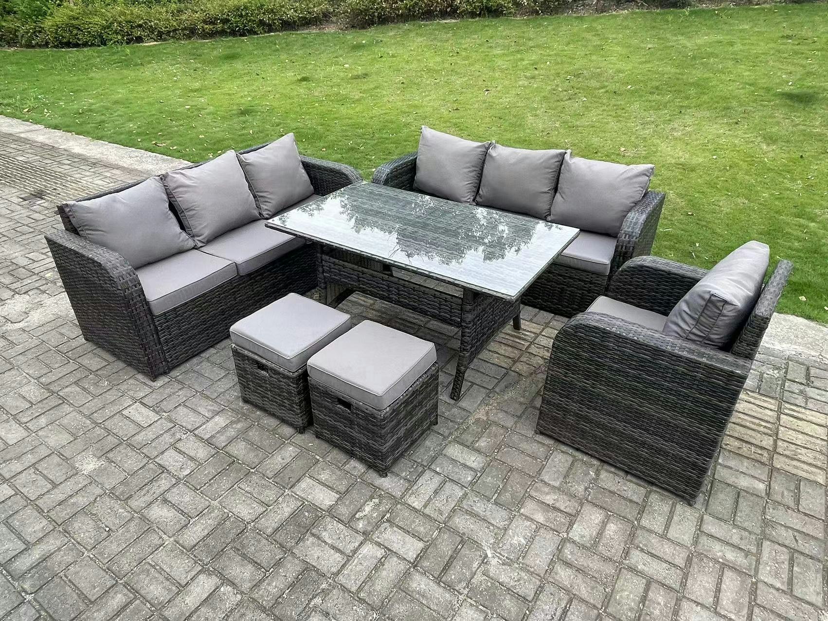 Rackhams Dark/Grey Seater Rattan Outdoor Dining Set - Reclining Chair, Lounge Sofa, 3-Seater Sofa & 2 Stools Size 9
