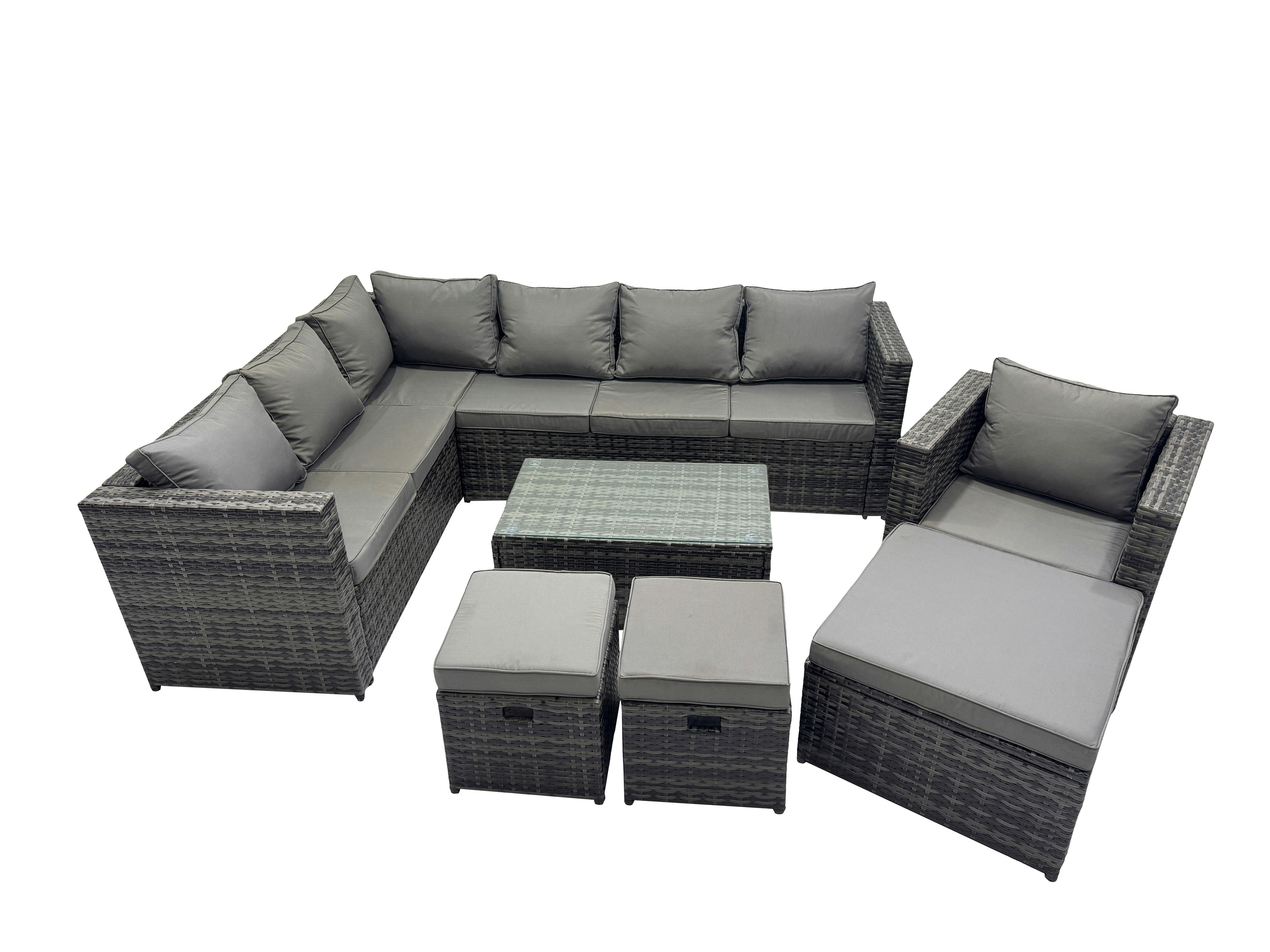 Rackhams Dark/Grey Outdoor Rattan Rectangular Coffee Table Corner Sofa Sets Garden Furniture Set With 2 Small Stools Mixed