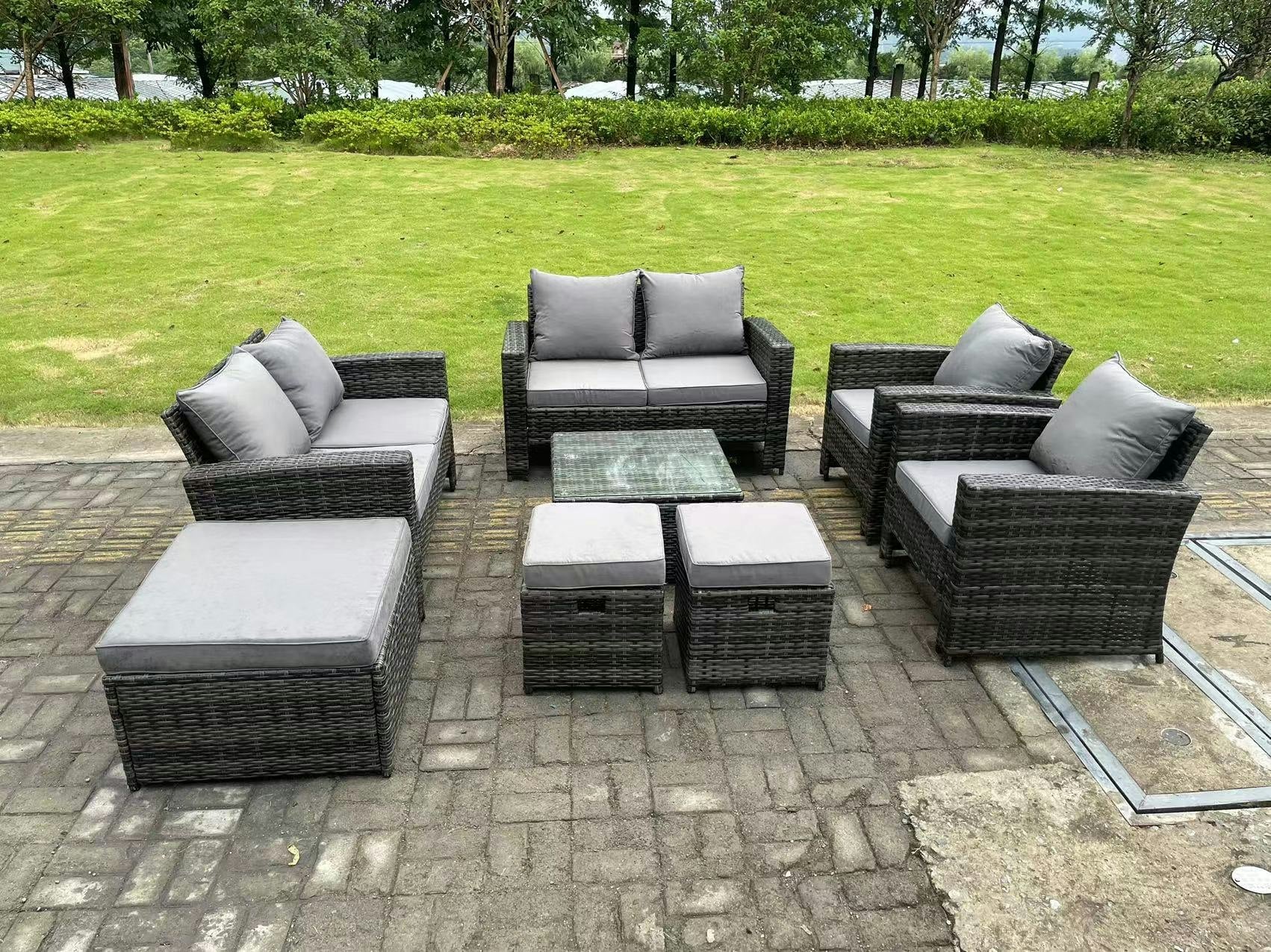 Rackhams Dark/Grey 9 Seater Mixed High Back Rattan Sofa Set Coffee Table Garden Furniture Outdoor 3 Stools