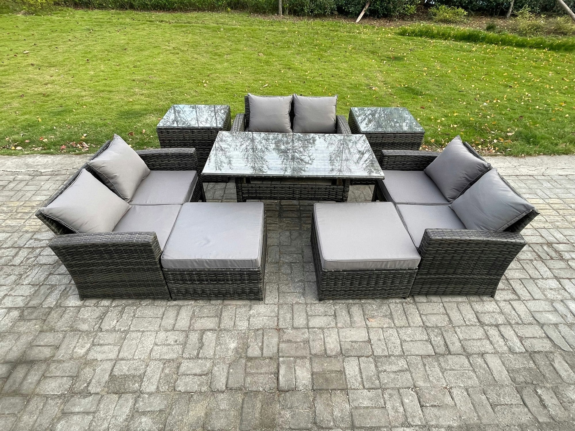 Rackhams Dark/Grey Outdoor Lounge Sofa Set - Mixed Pe Wicker Rattan Garden Furniture With Oblong Dining Table & 2 Big Footstools