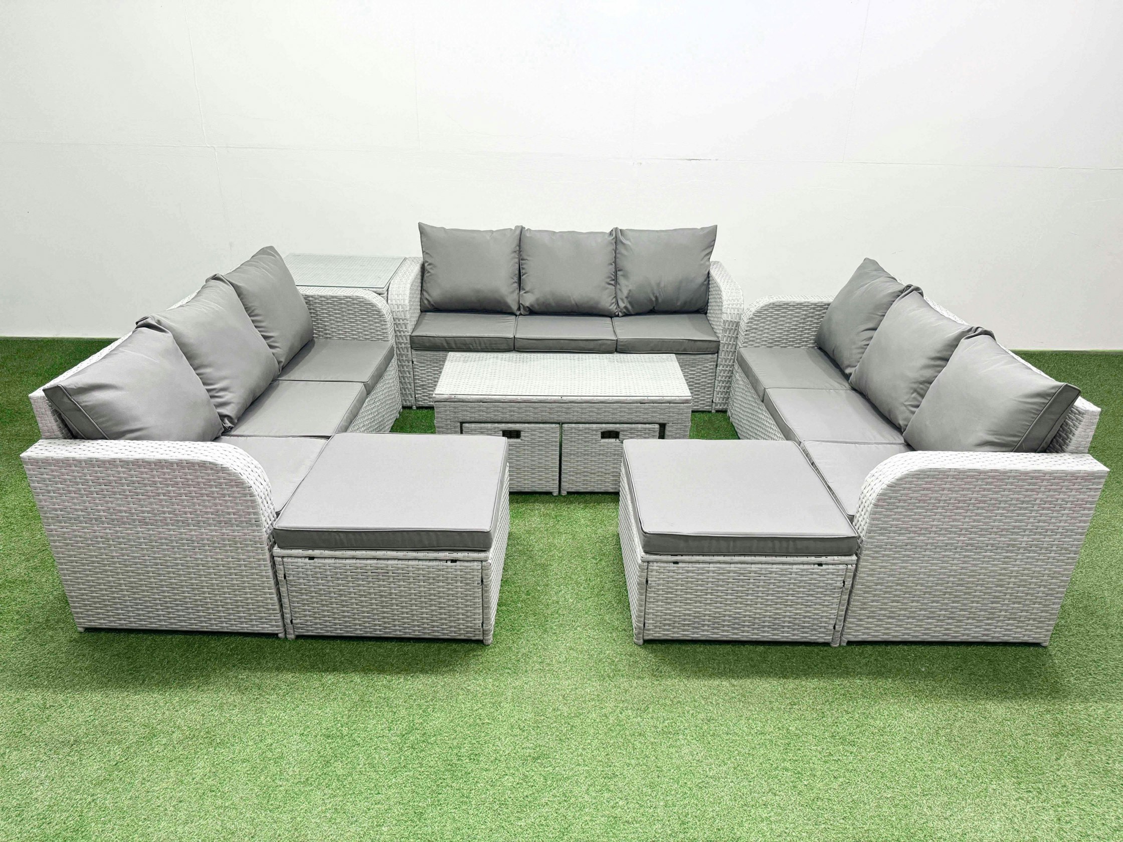 Rackhams Light/Grey Outdoor Garden Furniture Set Pe Rattan 3 Seater Sofa Set With Oblong Coffee Table 4 Footstools Side Table
