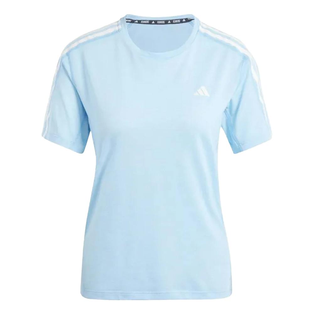 Adidas Women's Blue / Own The Run Stripe T-Shirt - L - 76% Recycled Polyester/12% Cotton/12% Viscose