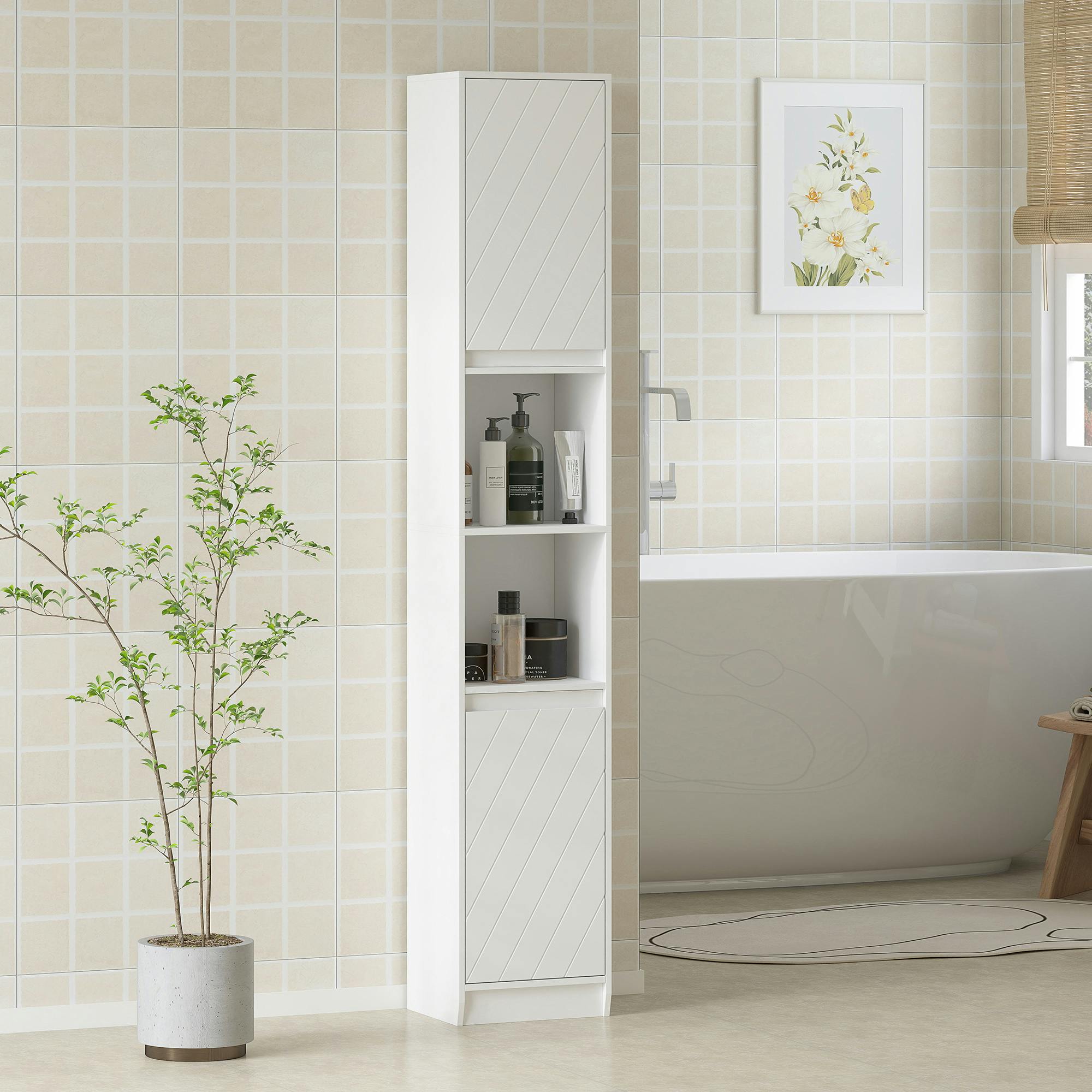 Homcom White Narrow Bathroom Storage Cabinet With Open Compartment, - Bathroom Cabinet - Mdf, Particle Board