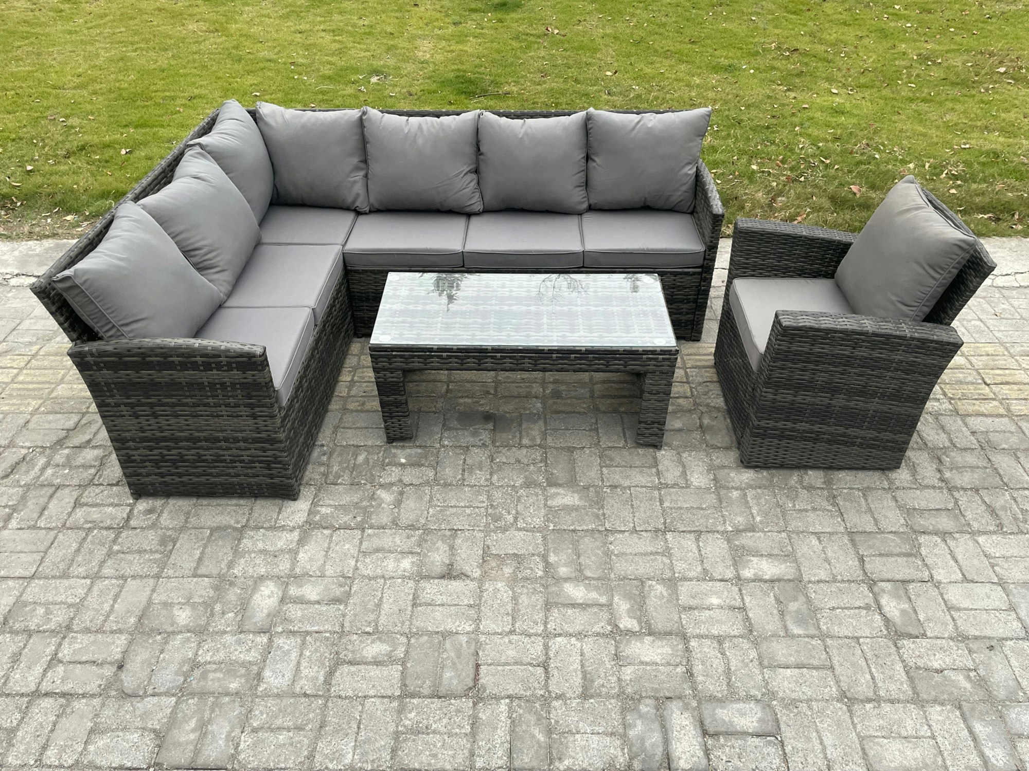 Rackhams Dark/Grey 7 Seater Outdoor Rattan Garden Furniture Set Corner Sofa Oblong Coffee Table Sets With Patio Armchair Mixed