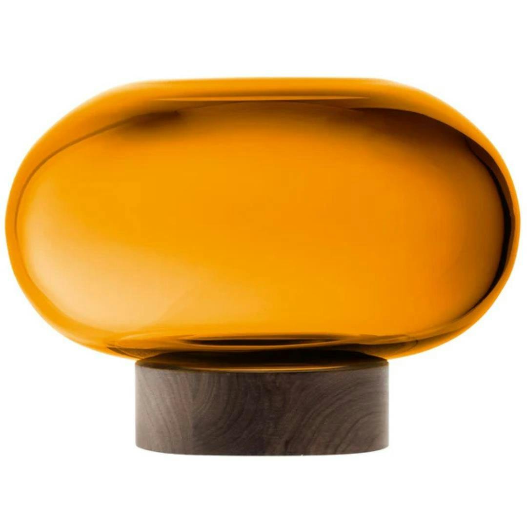 Rackhams Amber Lsa Oblate Glass Vase Lantern 19.5Cm With Walnut Base - Glass - 1