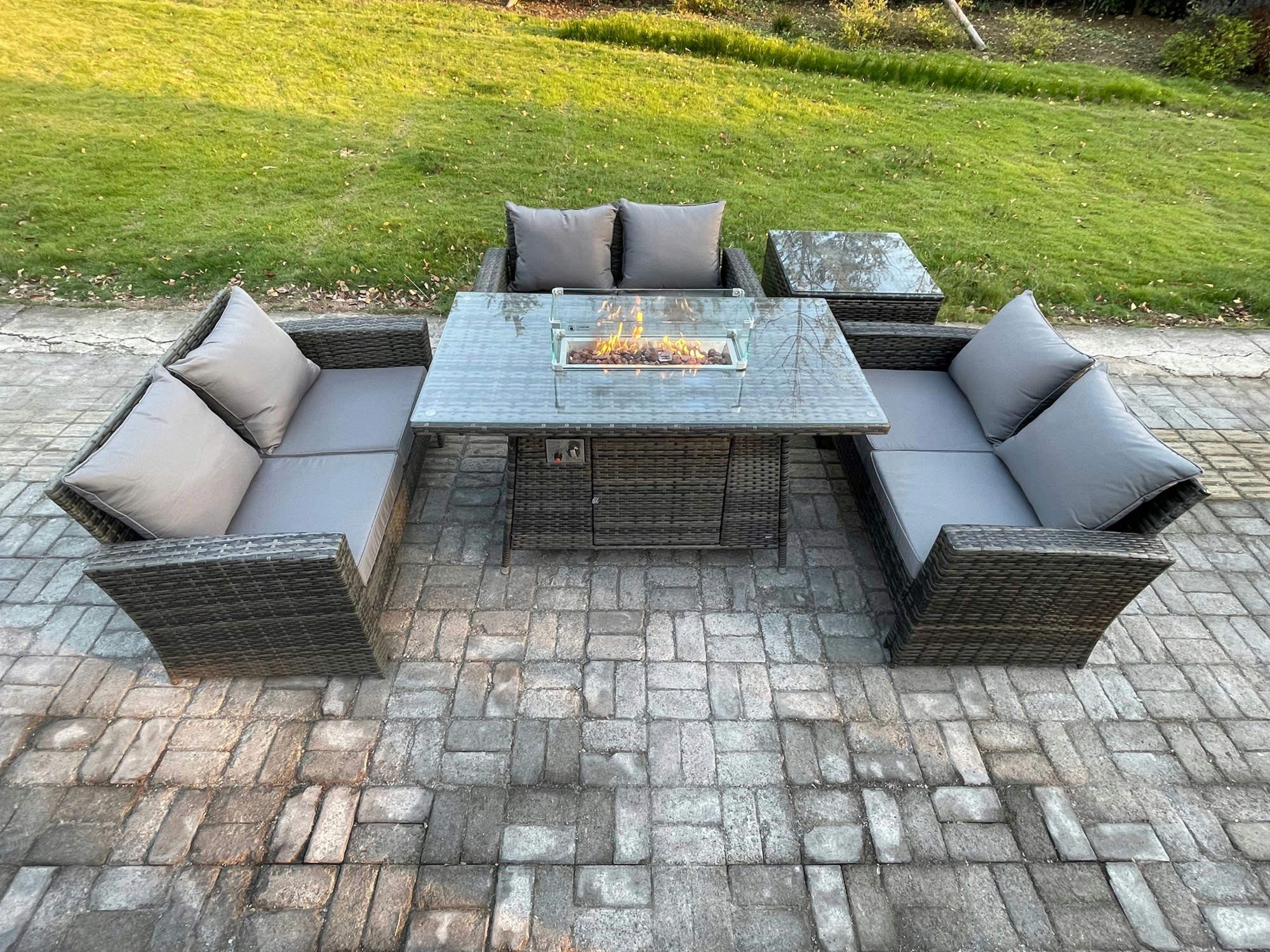 Rackhams Dark/Grey Outdoor Garden Dining Sets 6 Seater Rattan Patio Furniture Sofa Set With Gas Fire Pit Table Double Seat Sofa Side Table Mixed