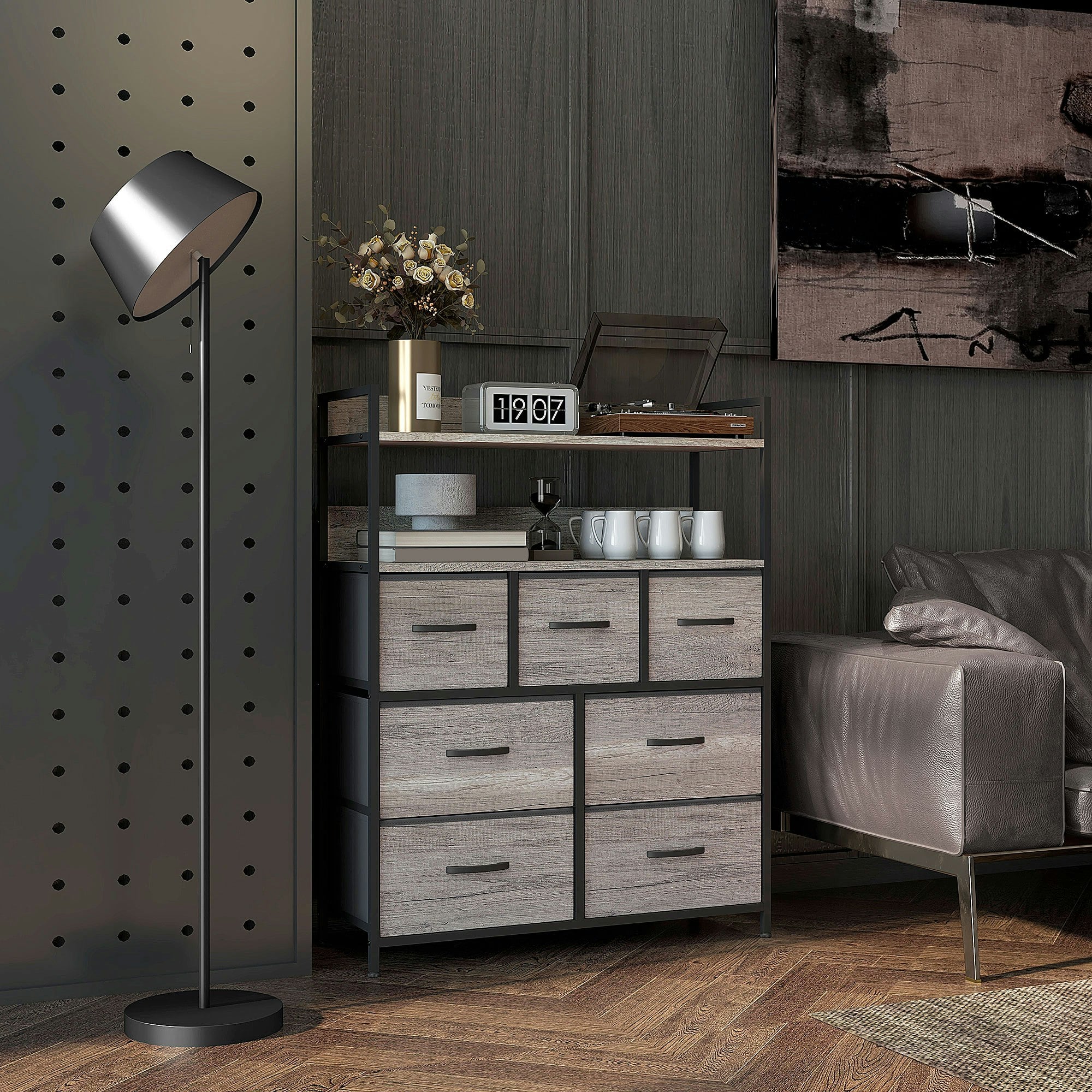HOMCOM 7 Drawer Chest of Drawers - Grey Wood Effect - 2 Shelf Storage - Bedroom Furniture - Image 4