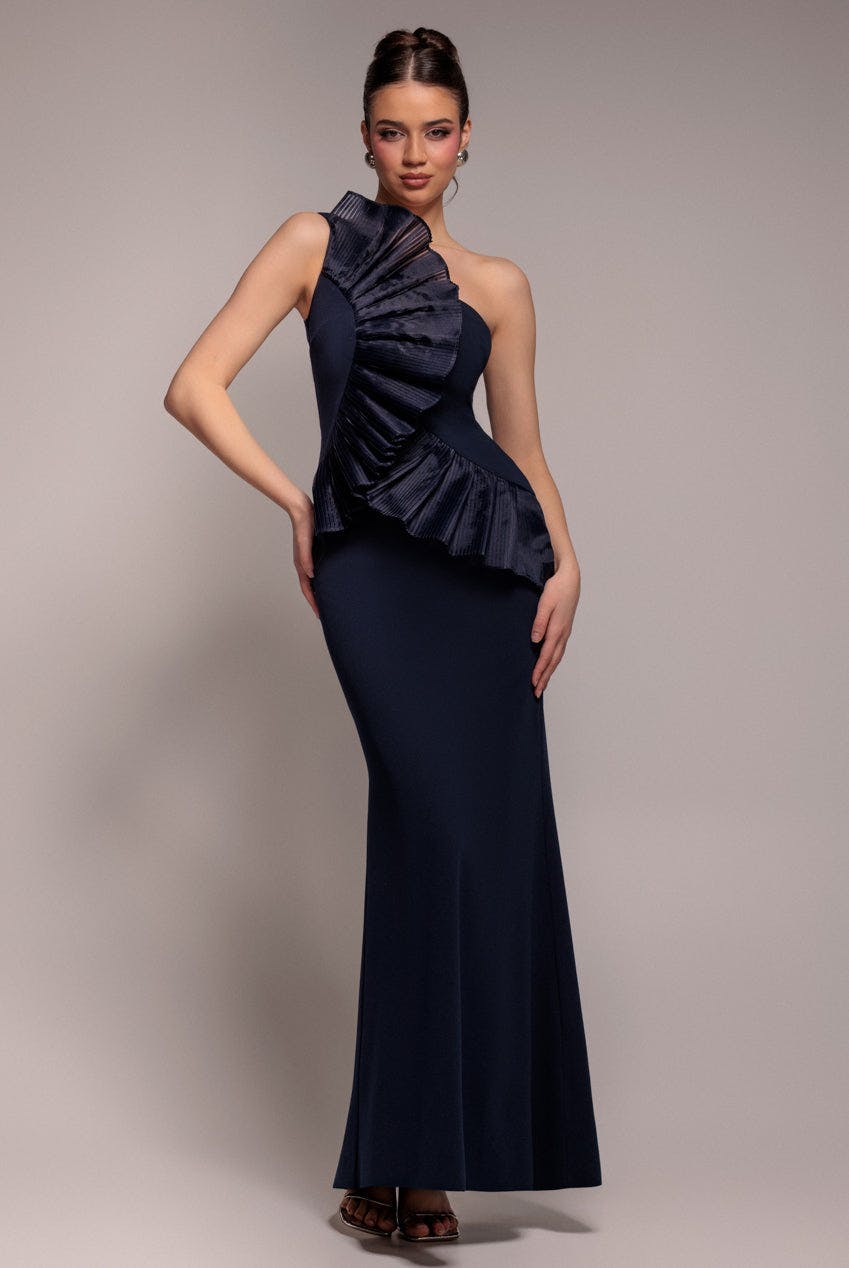 Goddiva Blue One Shoulder Pleated Fan Maxi Dress - Navy By - Navy - 18