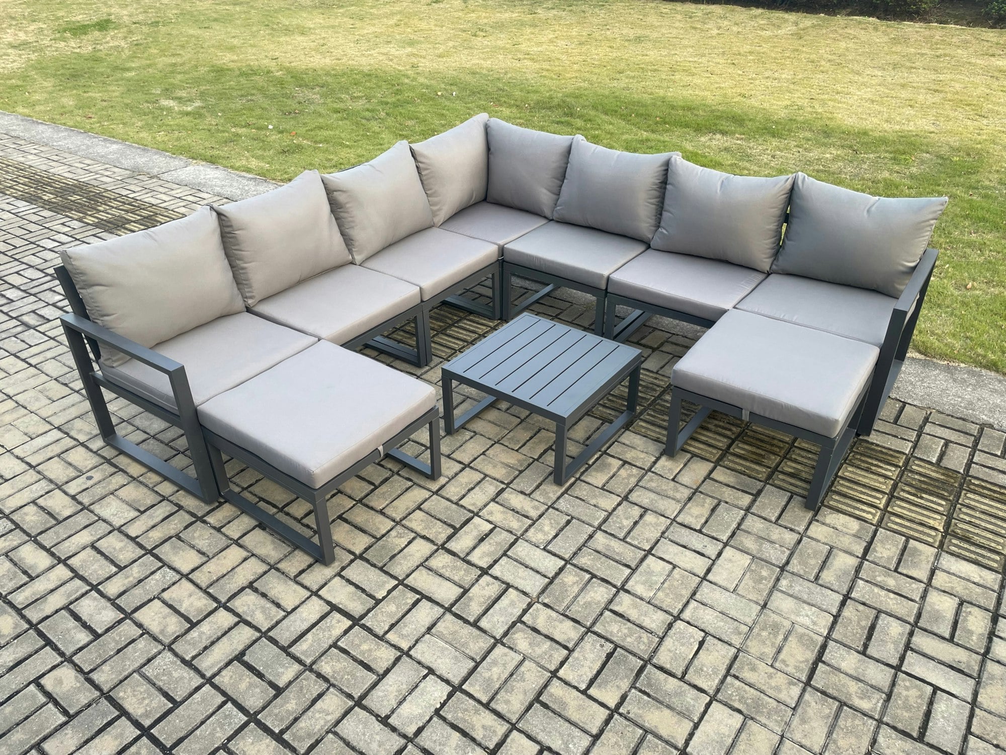 Rackhams Dark/Grey Aluminium Outdoor Garden Furniture Set Lounge Corner Sofa Square Coffee Table Sets With 2 Big Footstools