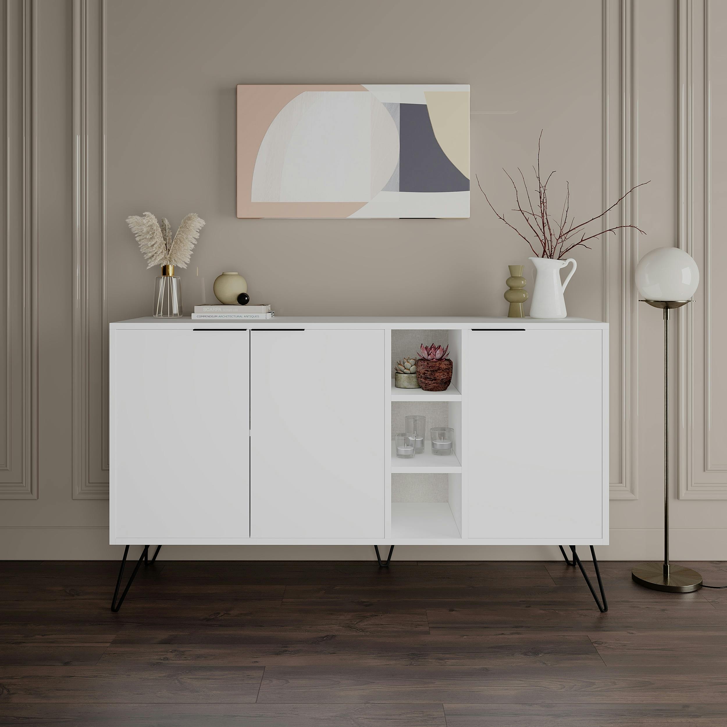 Decortie White Clara Sideboard Cabinet Modern Storage Shelves Hairpin Legs 142Cm