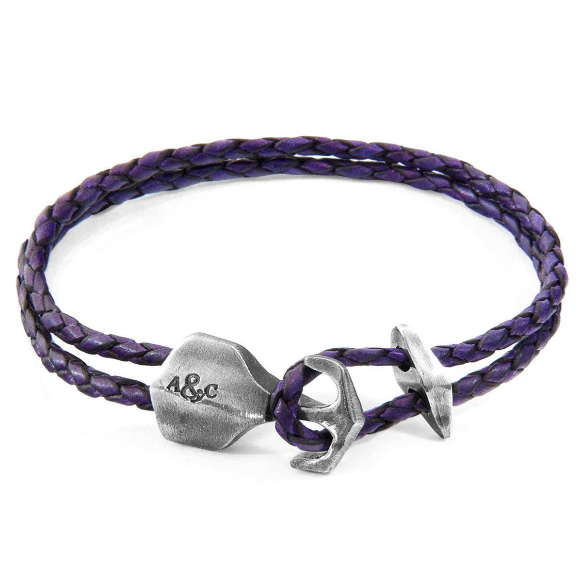 Anchor & Crew Purple/Silver Grape Delta Anchor And Braided Leather Bracelet - M - 21Cm (Most Popular)