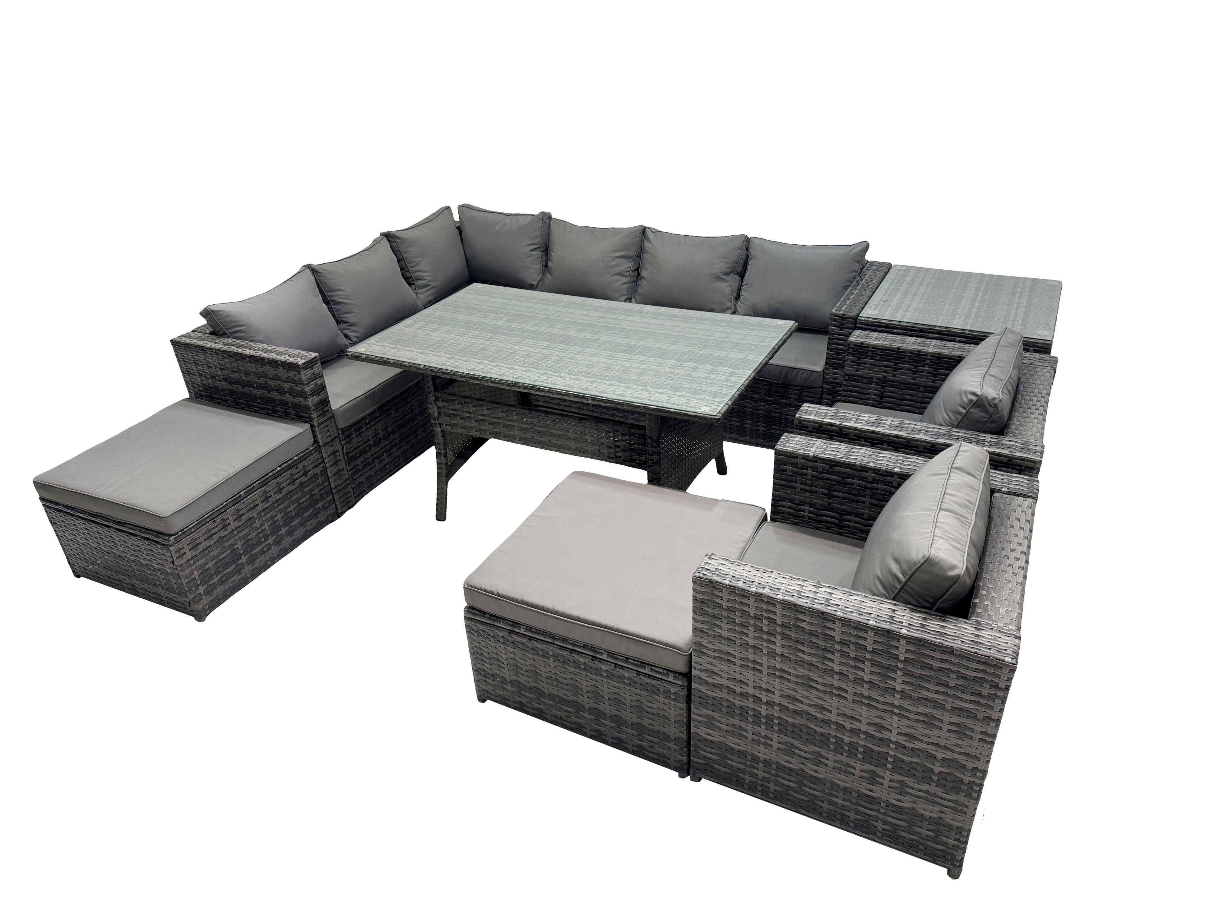 Fimous Dark/Grey Outdoor Pe Rattan Sofa Set With Dining Table Patio Garden Furniture Sets With 2 Big Stool Side Table Mixed