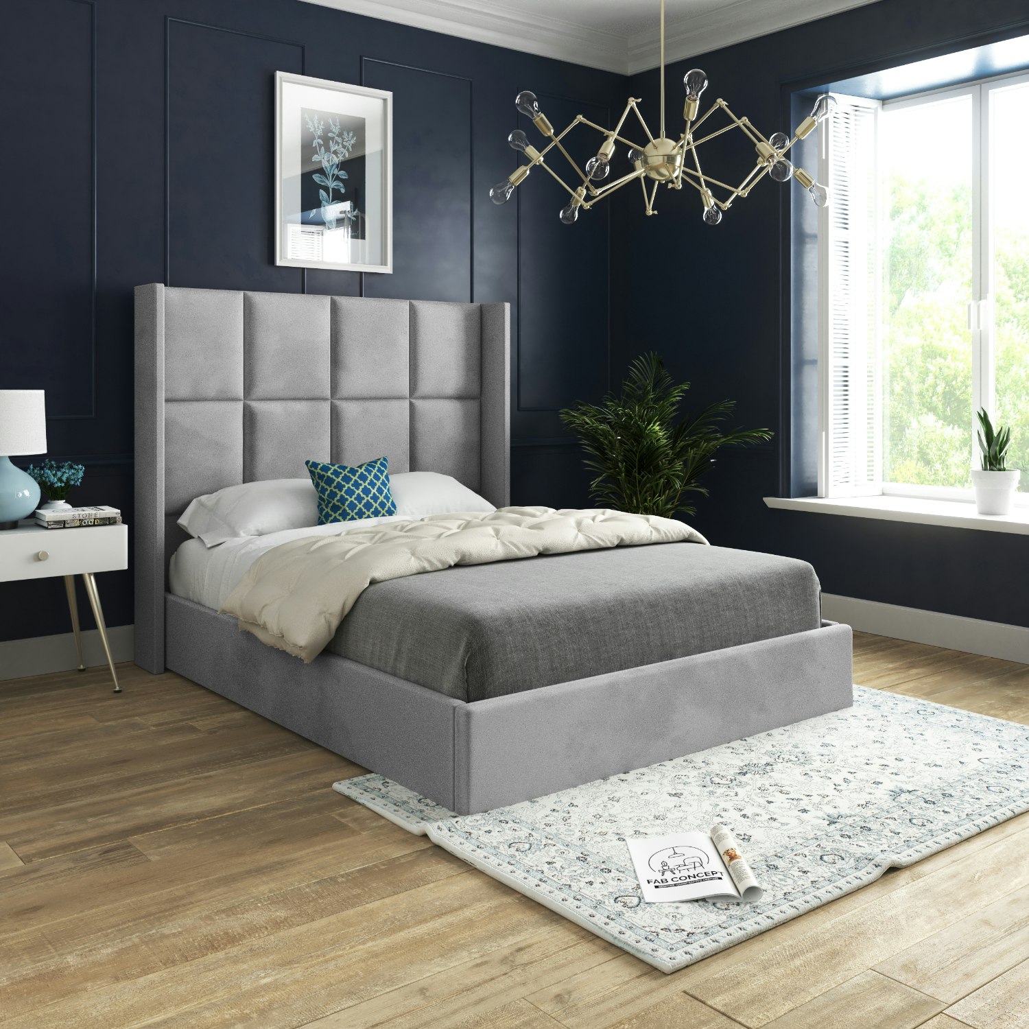 Rackhams Grey Quanta Straight Winged Upholstered Soft Velvet Bed Frame - Single