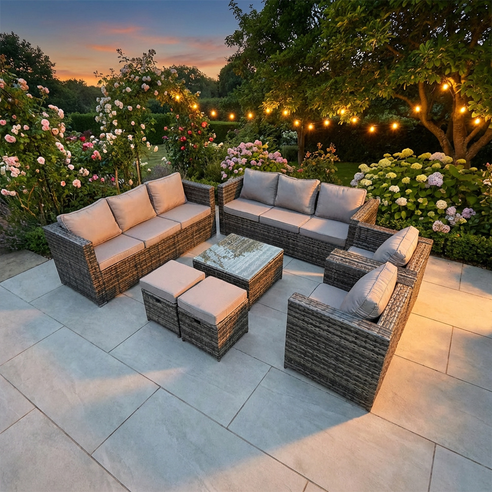 Fimous Dark/Grey 10 Seater Rattan Outdoor Sofa Set With 2 Armchairs, Coffee Table, 2 Footstools & Side Table