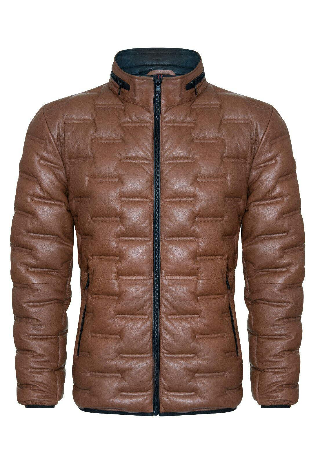 Infinity Leather Men's Puffer Quilted Bomber Leather Jacket - Recife - Tan - Uk 3XL | Eu 56 | Us 46