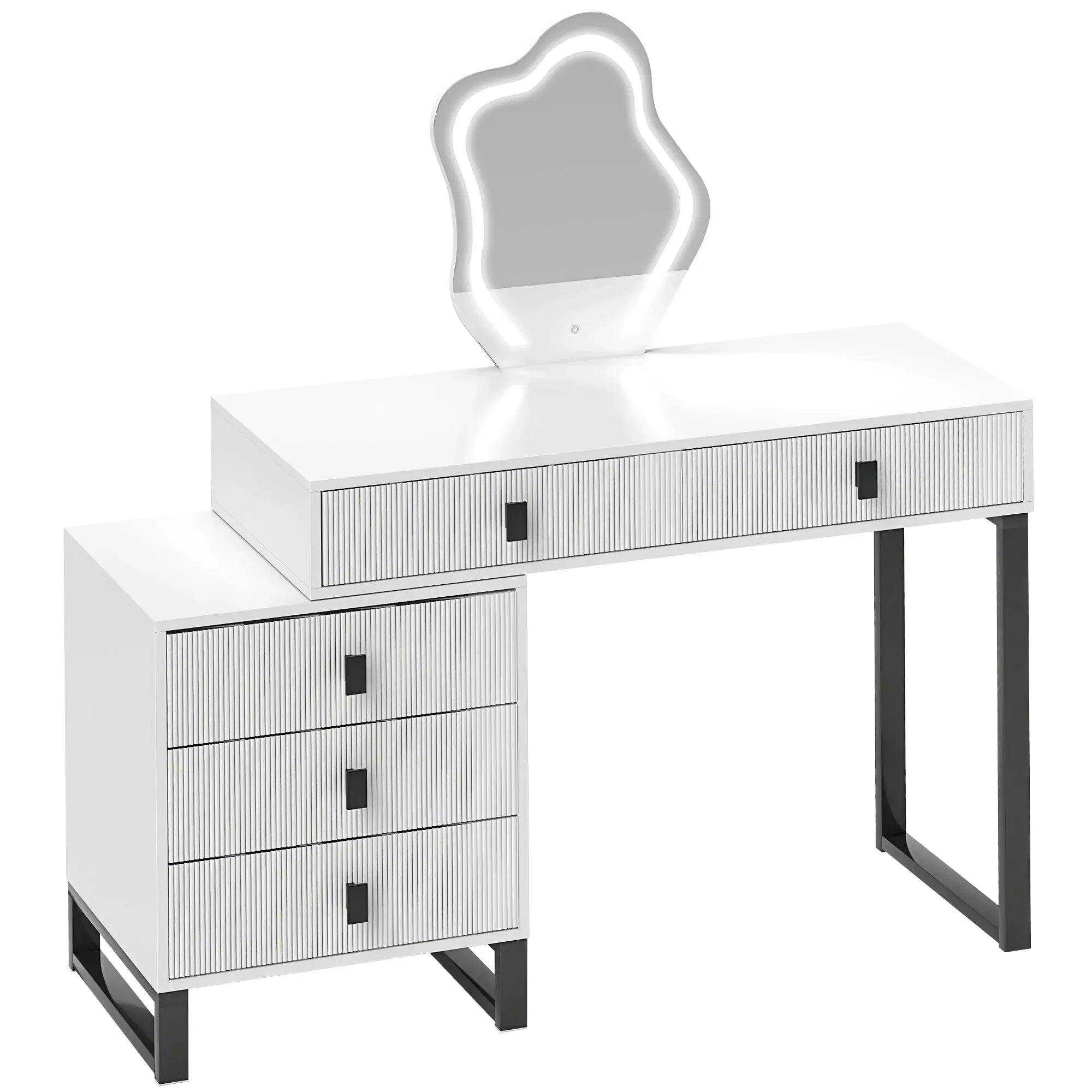Rackhams White Dressing Table, Vanity Desk With Leaf Shape Mirror, Makeup Table With 5 Drawers, 3-Colour Led Lights, 100X40cm Tabletop, - Image 6