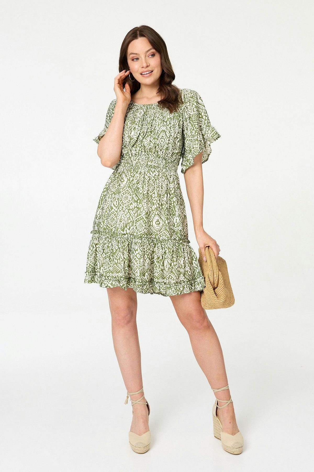 Izabel London Green Printed 1/2 Sleeve Short Smock Dress - 8