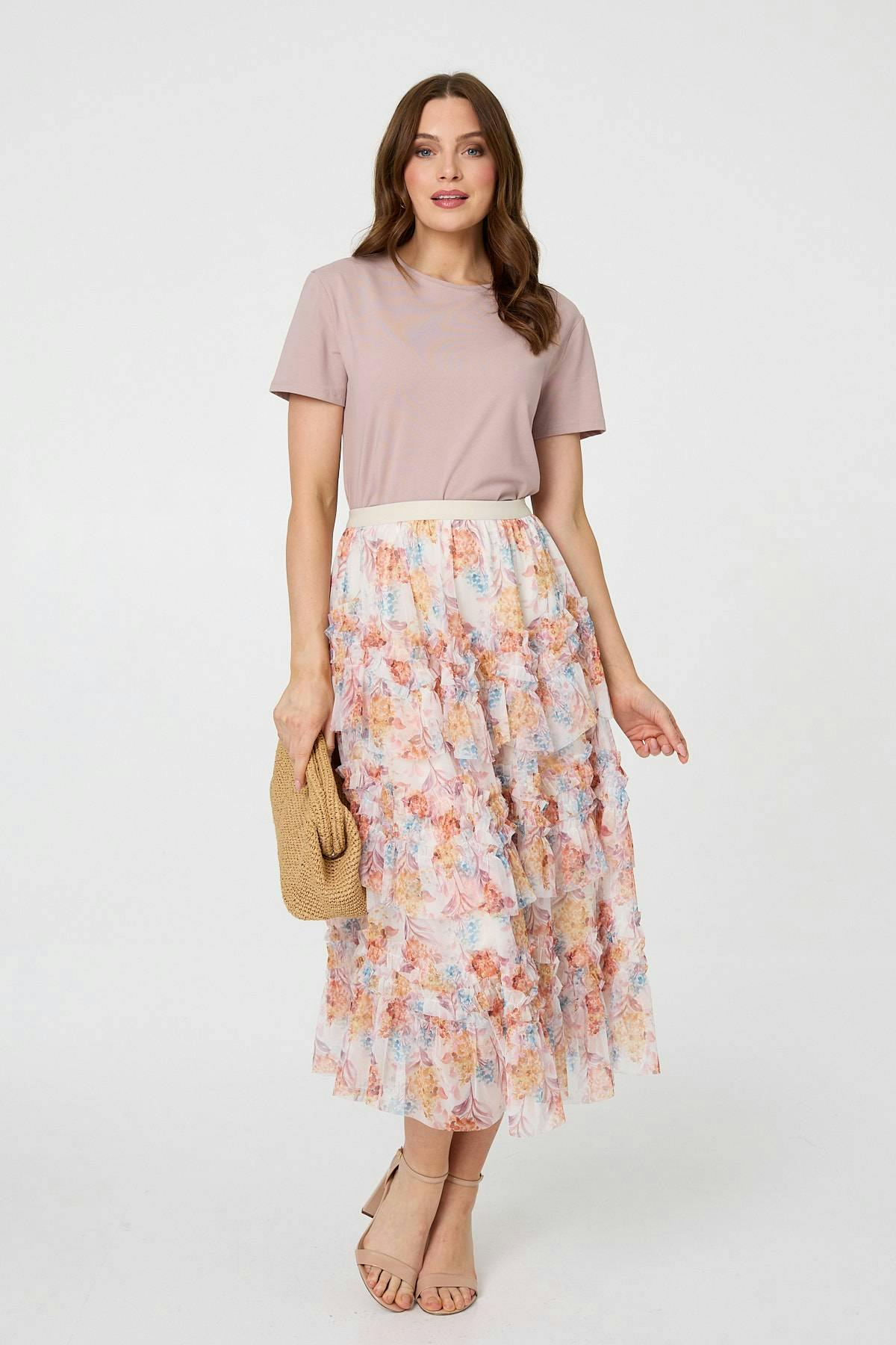 Izabel London Pink Floral Ruffled High Waist Midi Skirt - 14