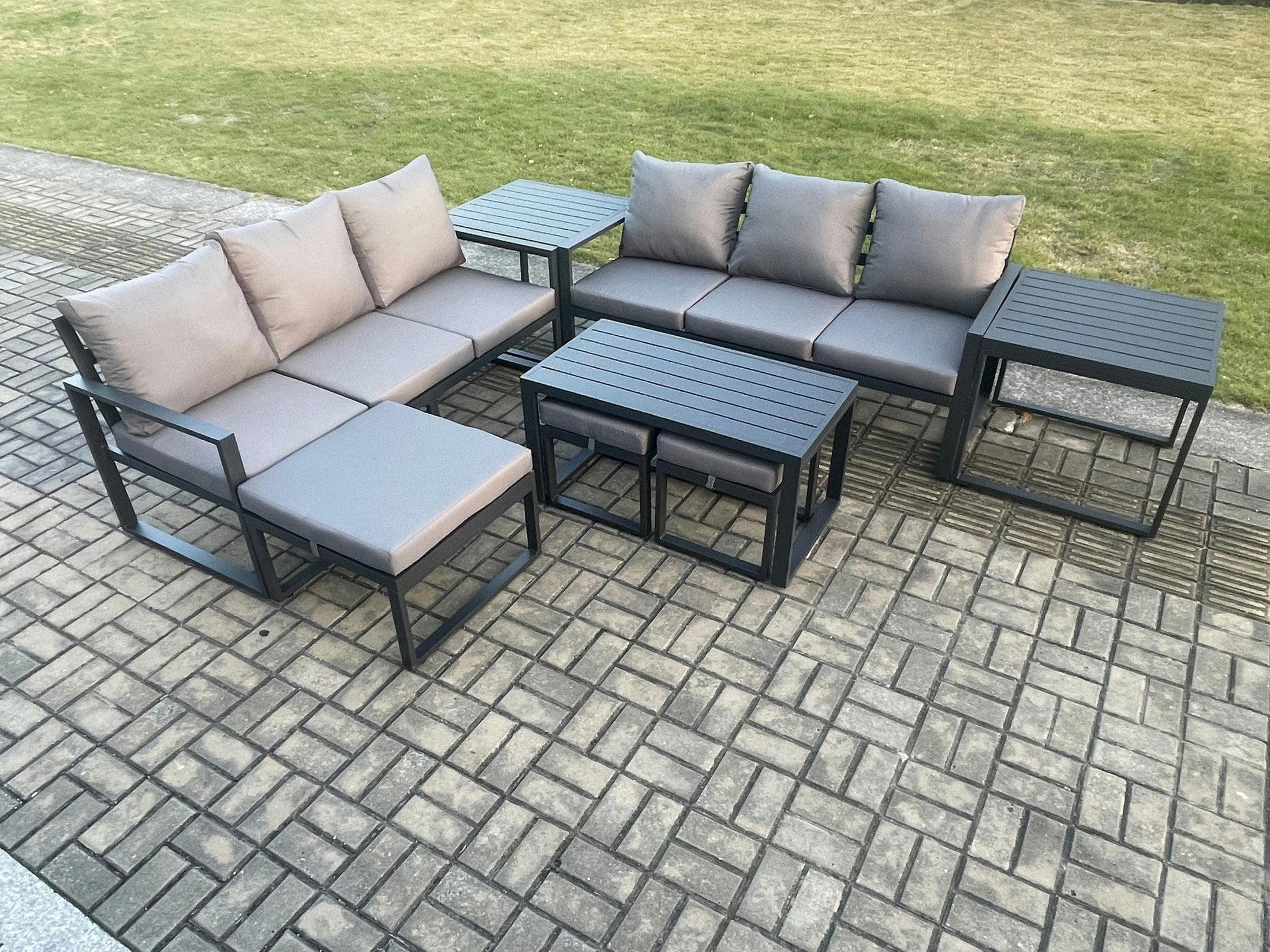 Fimous Dark/Grey Aluminium 9 Seater Garden Furniture Outdoor Patio Sofa Set With Rectangular Coffee Table 3 Footstools 2 Side Tables