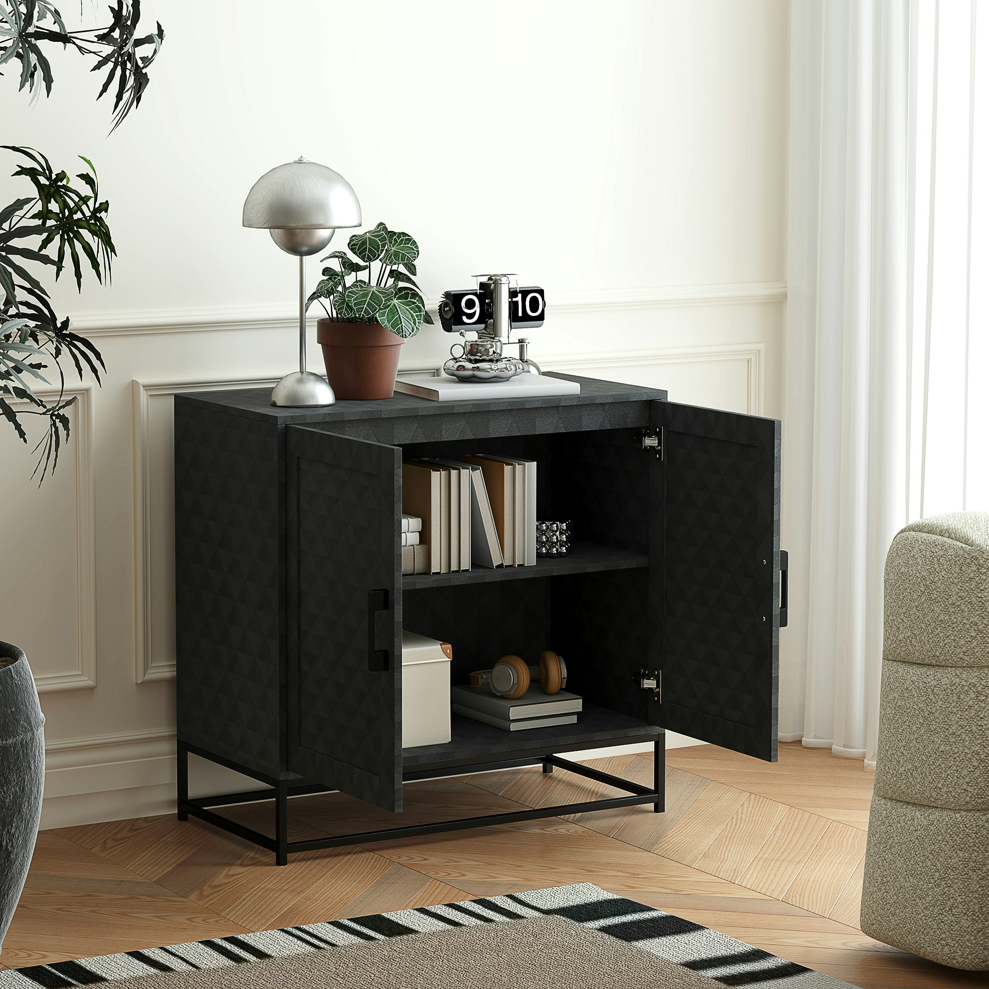 Rackhams Grey/Black Modern Storage Cupboard With Adjustable Shelf And 2 Doors,