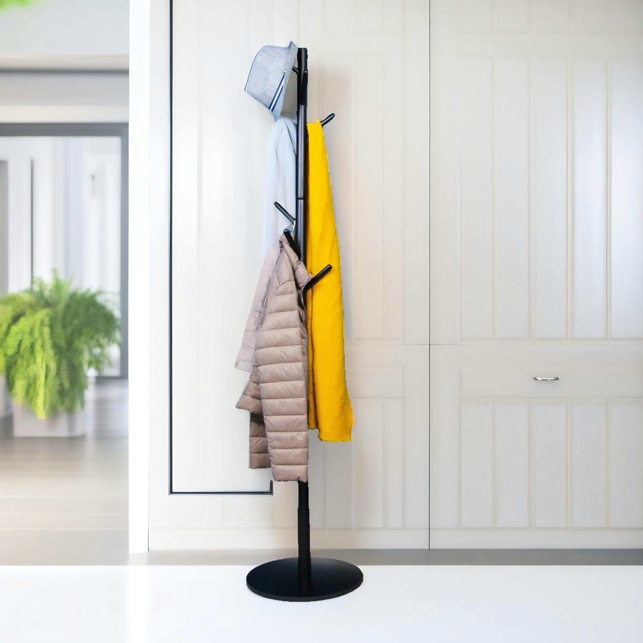 Rafaelo Mobilia Black Wooden Coat Stand With 8 Hooks With Round Base