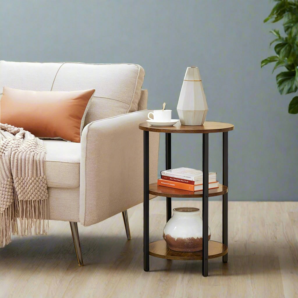 Rackhams Brown/Black 3-Tier Round Sofa Side Table – Rustic & Industrial End Table