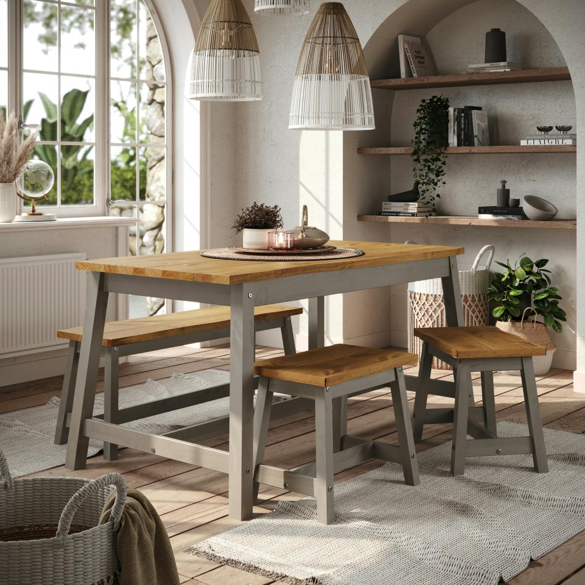 Core Products Black Linea 3-Piece Spacious Dining Set, Table & Two Benches - Wax