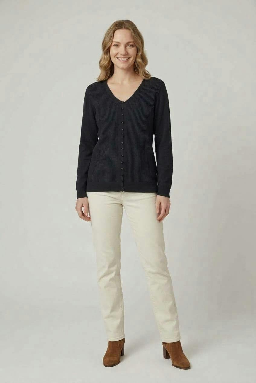 Izabel London Black Textured Pearl Detail V-Neck Knit Top - 8