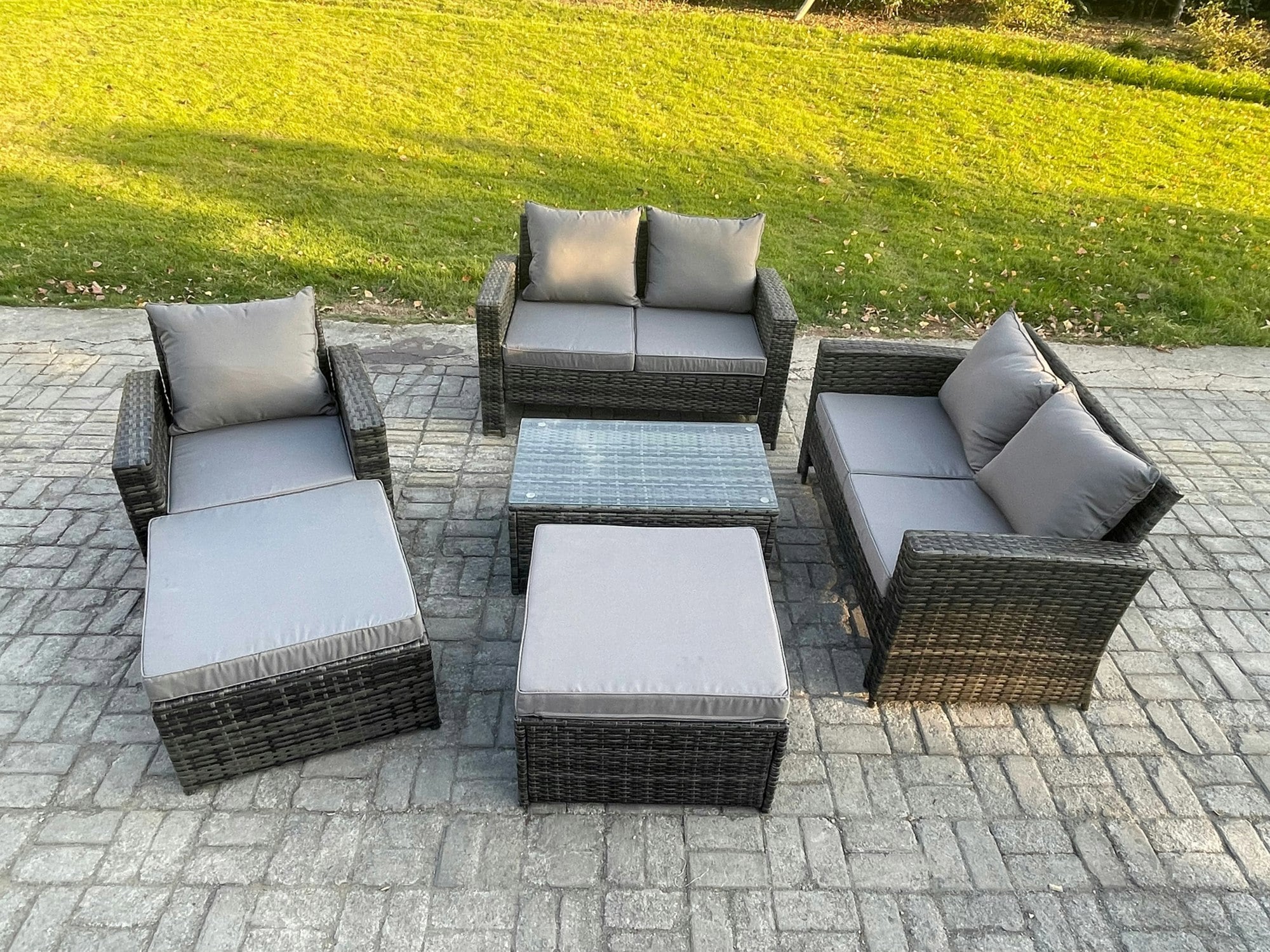 Rackhams Dark/Grey Outdoor Rattan Garden Furniture Set 7 Seater Patio Lounge Sofa Set With Coffee Table 2 Big Footstool Mixed