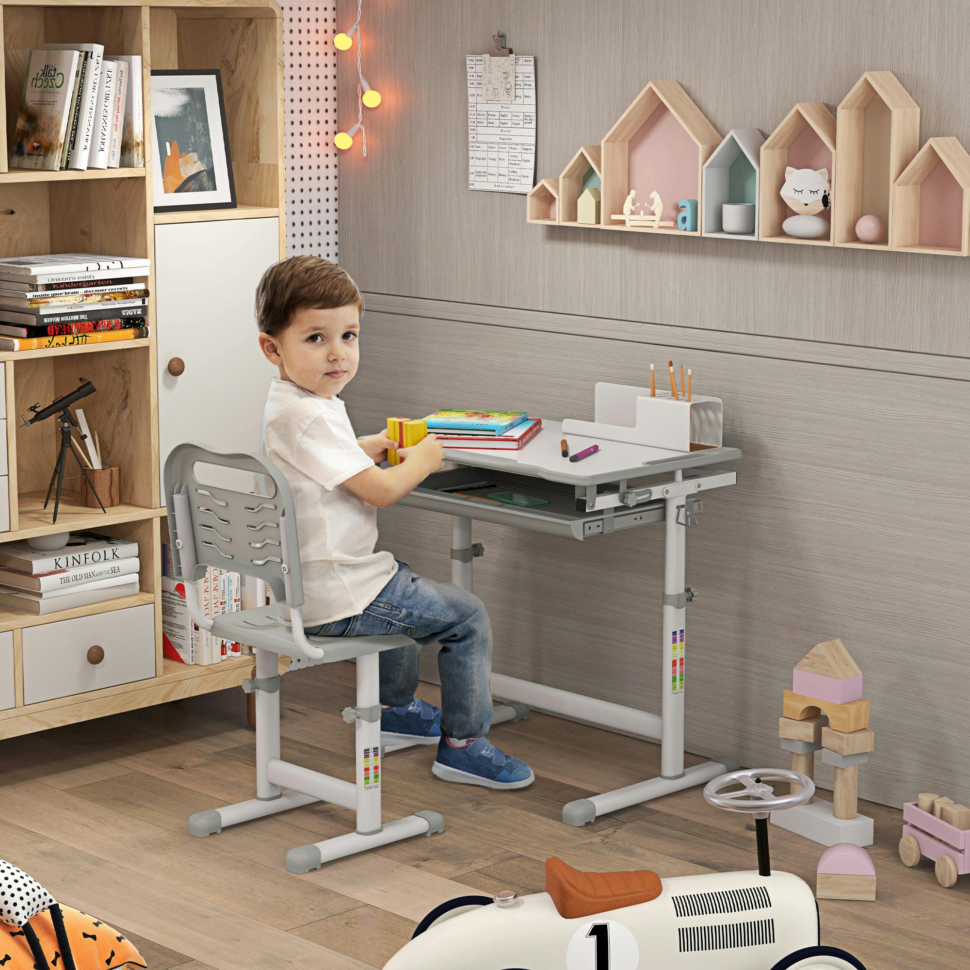 Homcom Grey Kids Desk & Chair Set, Height Adjustable Student Writing Desk, Children School Study Table With Tiltable Desktop, Drawer