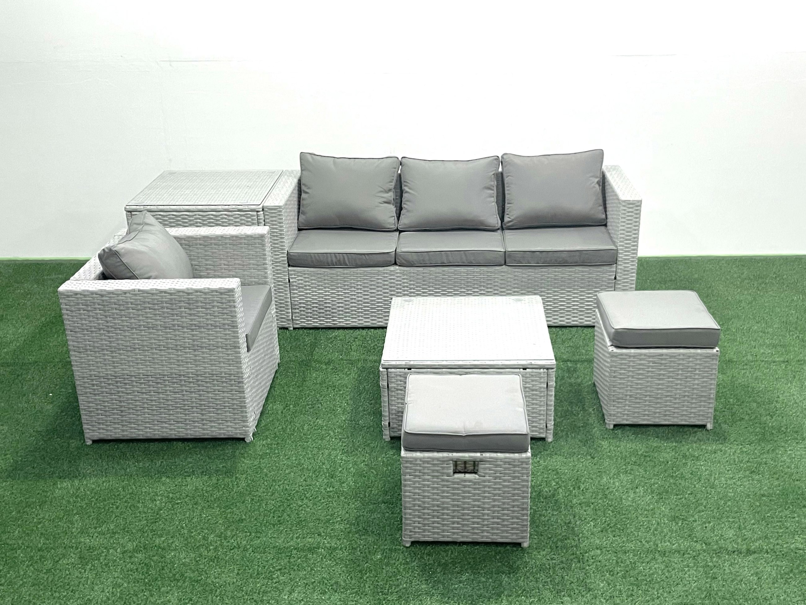 Rackhams Light/Grey Garden Outdoor Furniture Set 6 Seater Rattan Sofa Set With 2 Small Footstools Armchair Side Table Mixed
