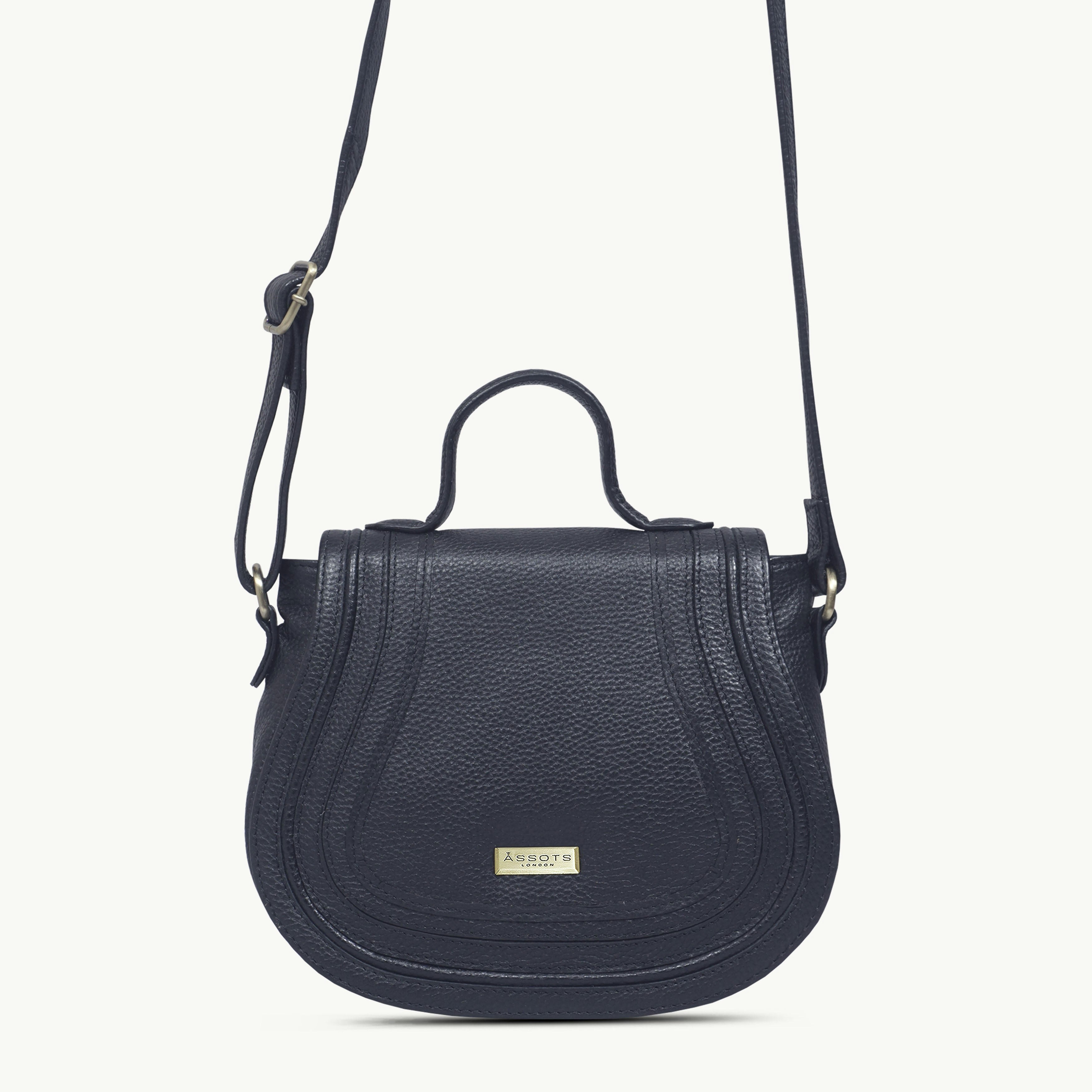 Assots London Grain 'Carmel' Navy Real Leather Shoulder Crossbody Bag 24Cm