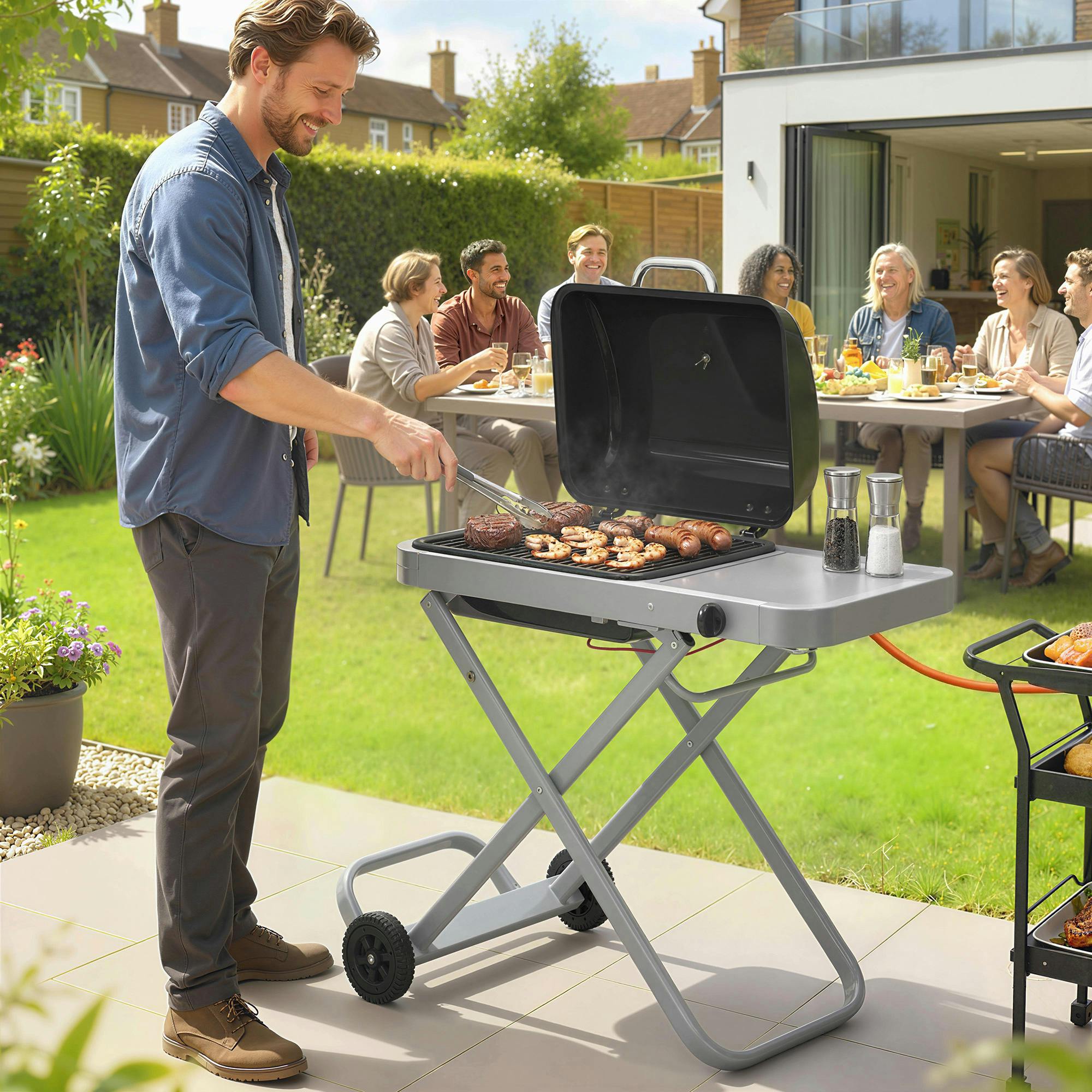 Rackhams Black Foldable Gas Bbq Barbecue Grill With Side Table, 2.5 Kw,