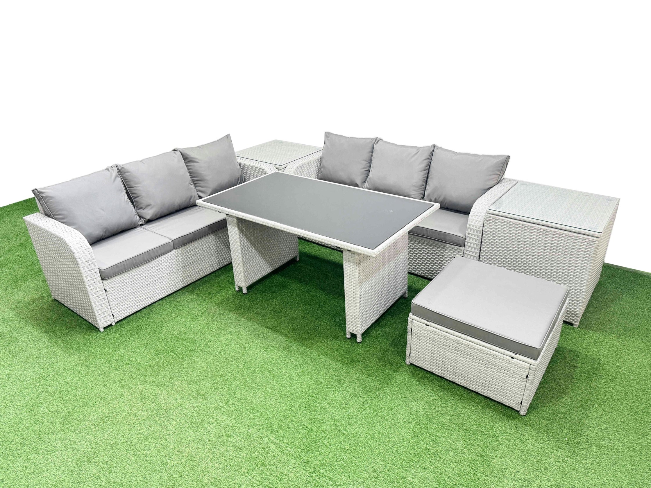 Rackhams Light/Grey 7 Seater Rattan Outdoor Dining Table 3 Seater Sofa Set With 2 Side Tables Big Stool