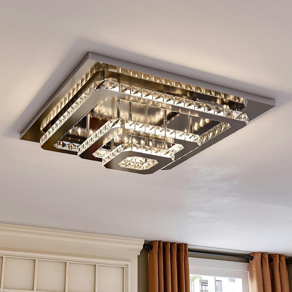 Rackhams Light 96W Led Ceiling 70 X 70 Cm Square 3 Tier Crystal Chandelier - Dimmable (With Remote)