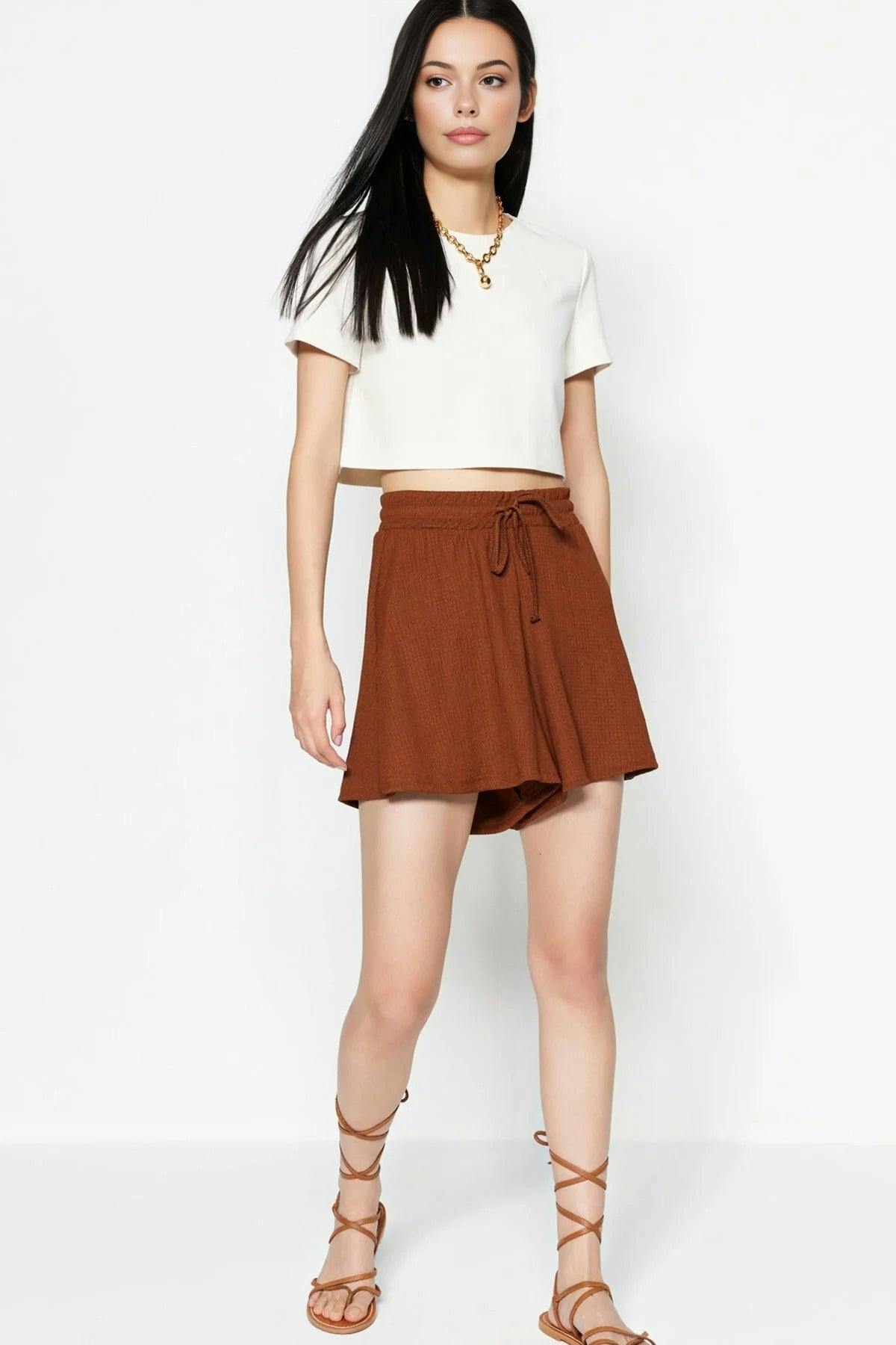 Wovcor Brown Regular Fit Normal Waist Textured Knit Shorts - S
