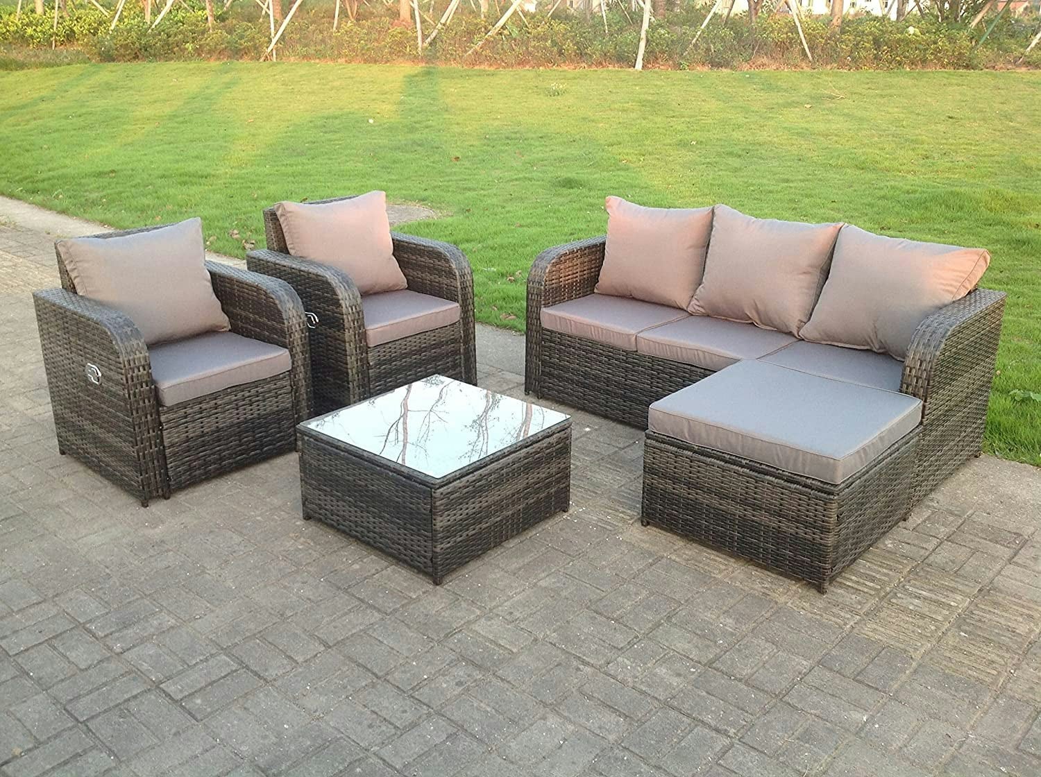 Rackhams Dark Grey Mix PE Wicker Rattan Garden Furniture Set Sofa Set Reclining Adjustable Chair 6 Seater