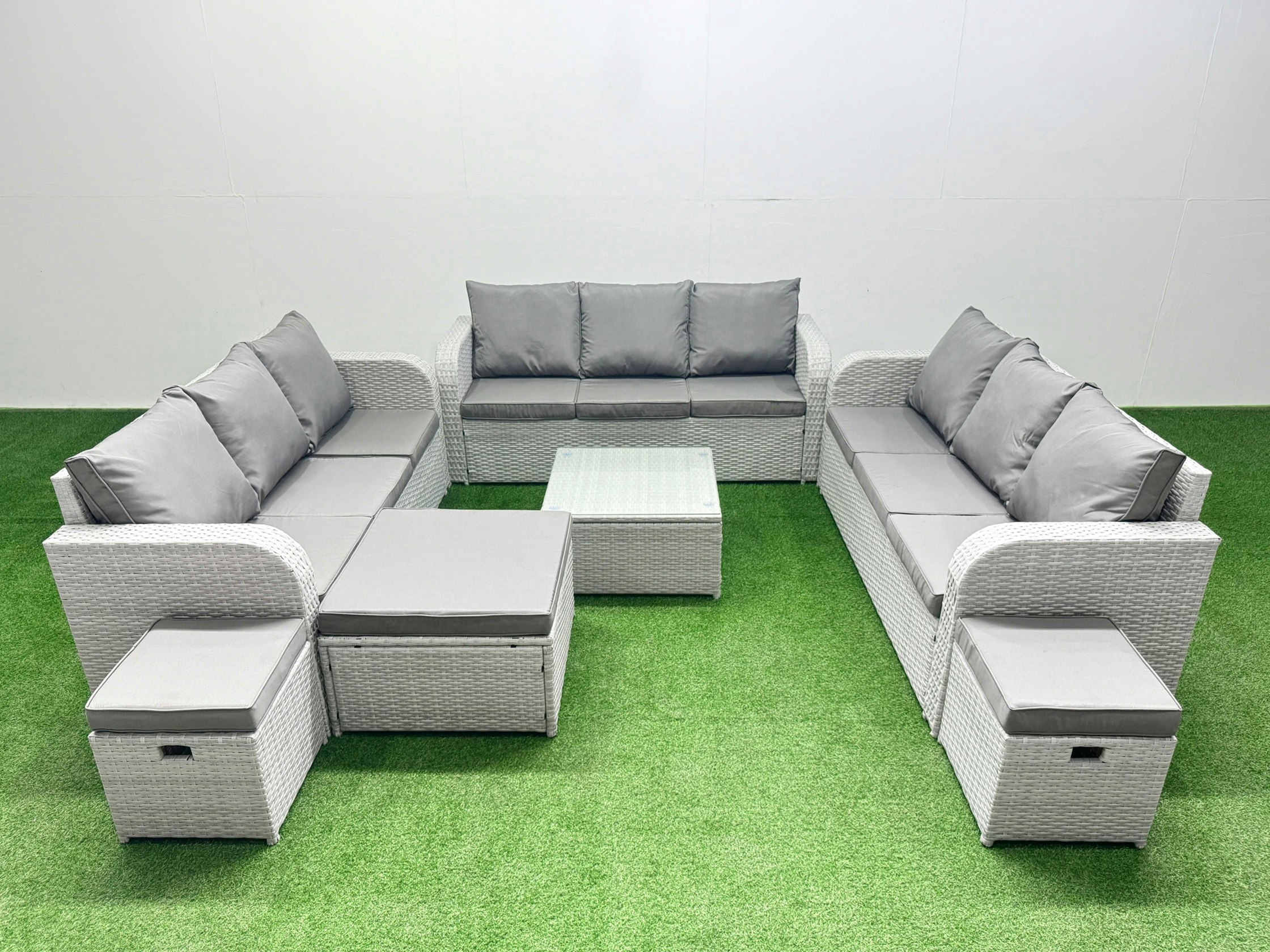 Fimous Light/Grey Pe Rattan Lounge Sofa Set 12 Seater Outdoor Garden Furniture Set With Square Coffee Table 3 Seater Sofa 3 Stools
