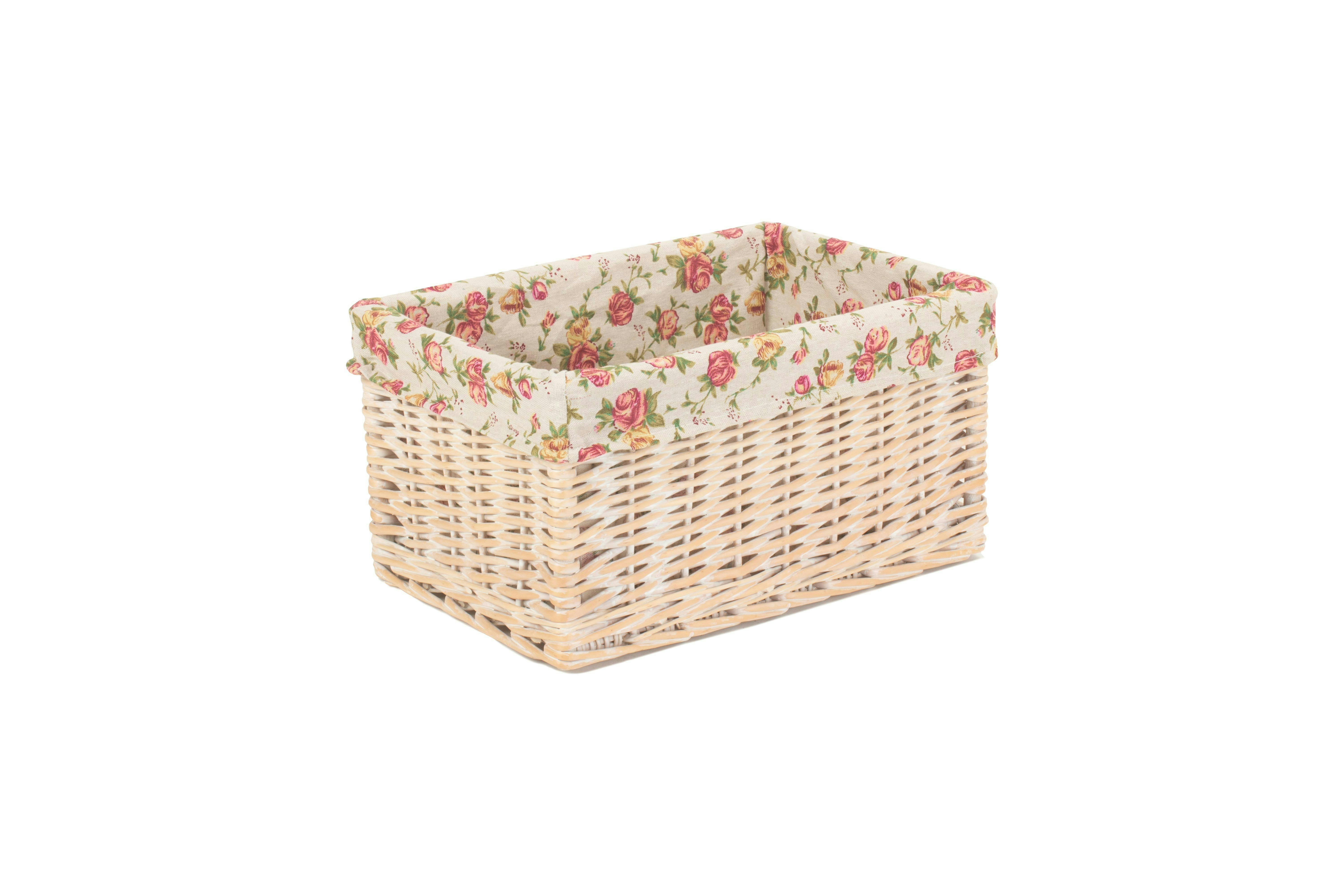 Red Hamper Whitewash Garden Rose Lined Wicker Storage Basket - Small