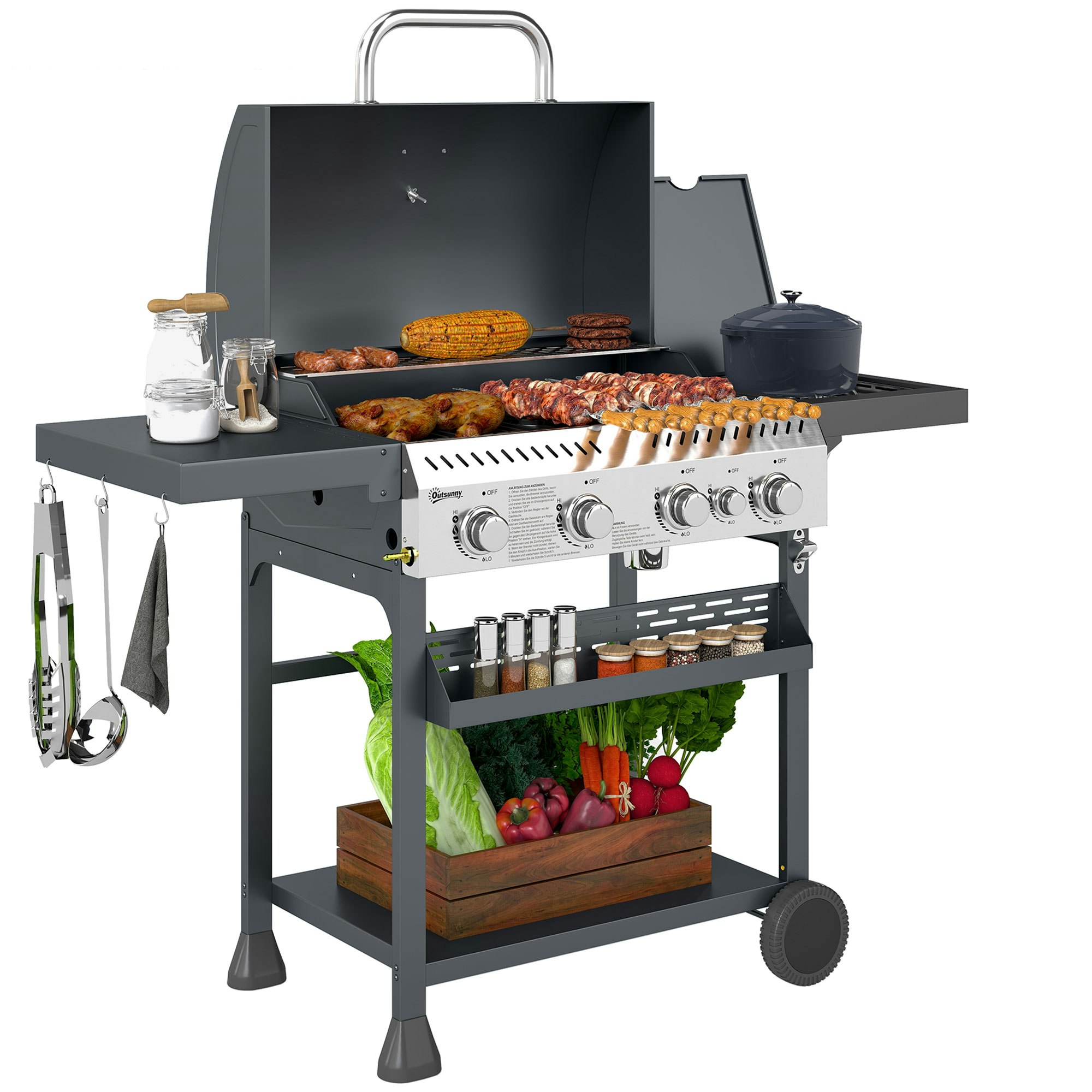 Rackhams Black Bbq 4+1 Burner Propane Gas Barbecue Grill With Thermometer & Bottle Opener - Galvanised Steel, Stainless Steel - 135L X Size 53W X 101Hcm