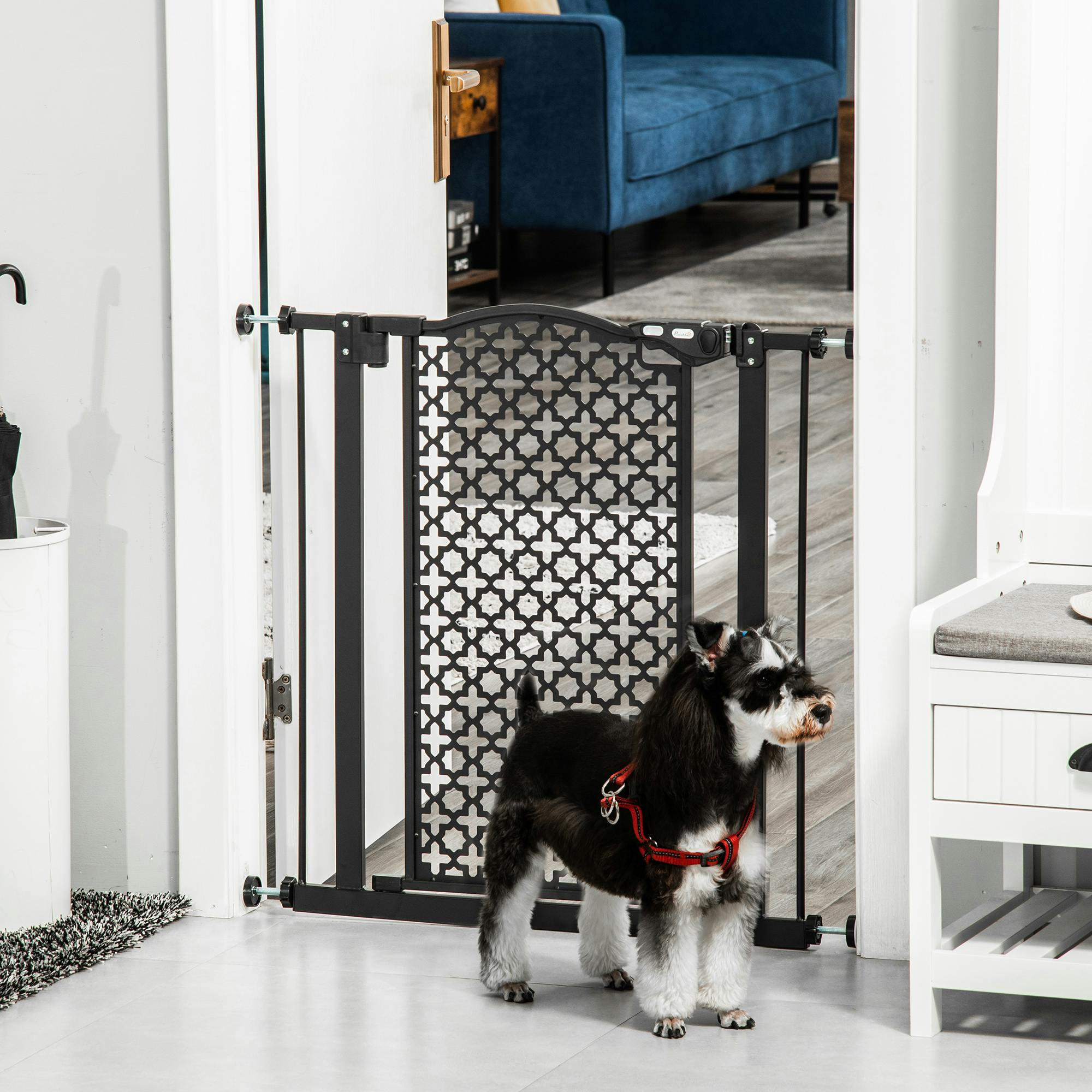 Pawhut Black Pet Safety Gate Pressure Fit Stair With Double Locking, - 80Cm X 2Cm X 76.2Cm
