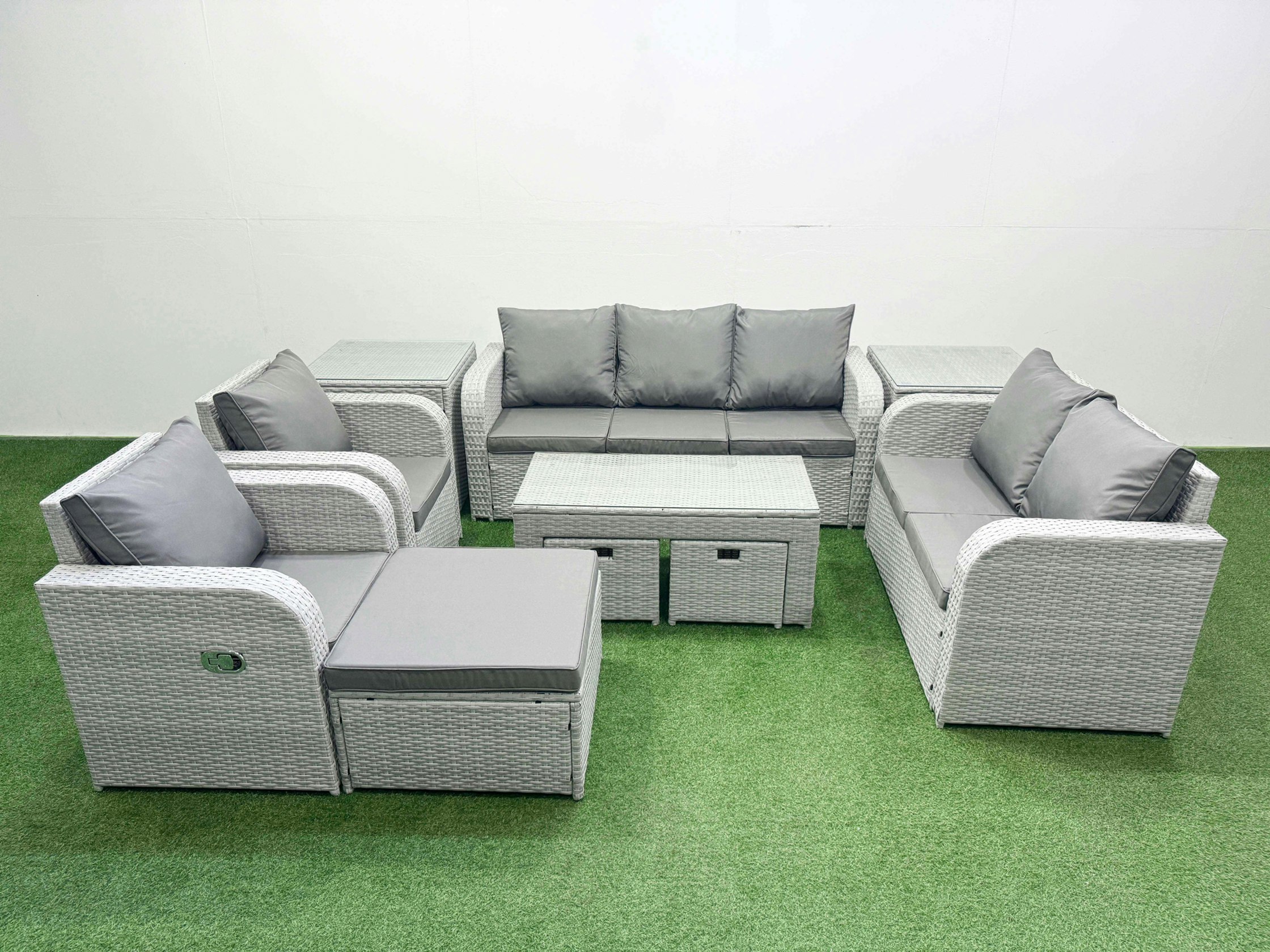 Rackhams Light/Grey Pe Rattan Outdoor Lounge Set - Adjustable Chair, Double Loveseat, Rectangular Coffee Table, 3 Stools & 2 Side Tables