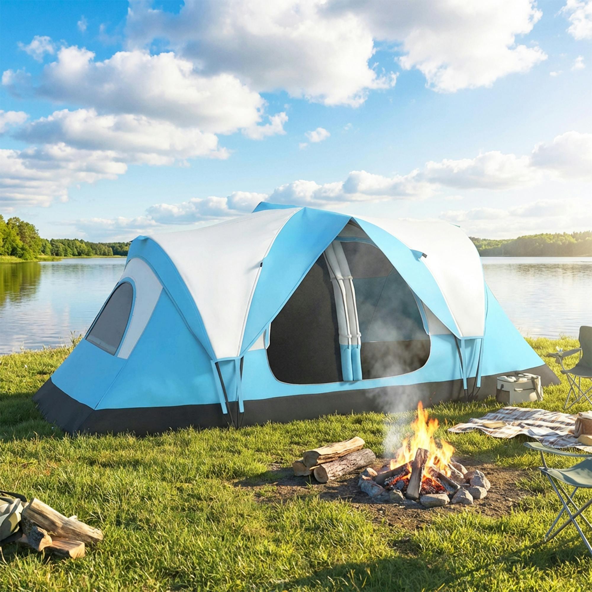 Outsunny Blue 2 Room Camping Tent With Waterproof Rainfly & Screen Panels, - 1 - Camping Tent - Sleeps 5-6