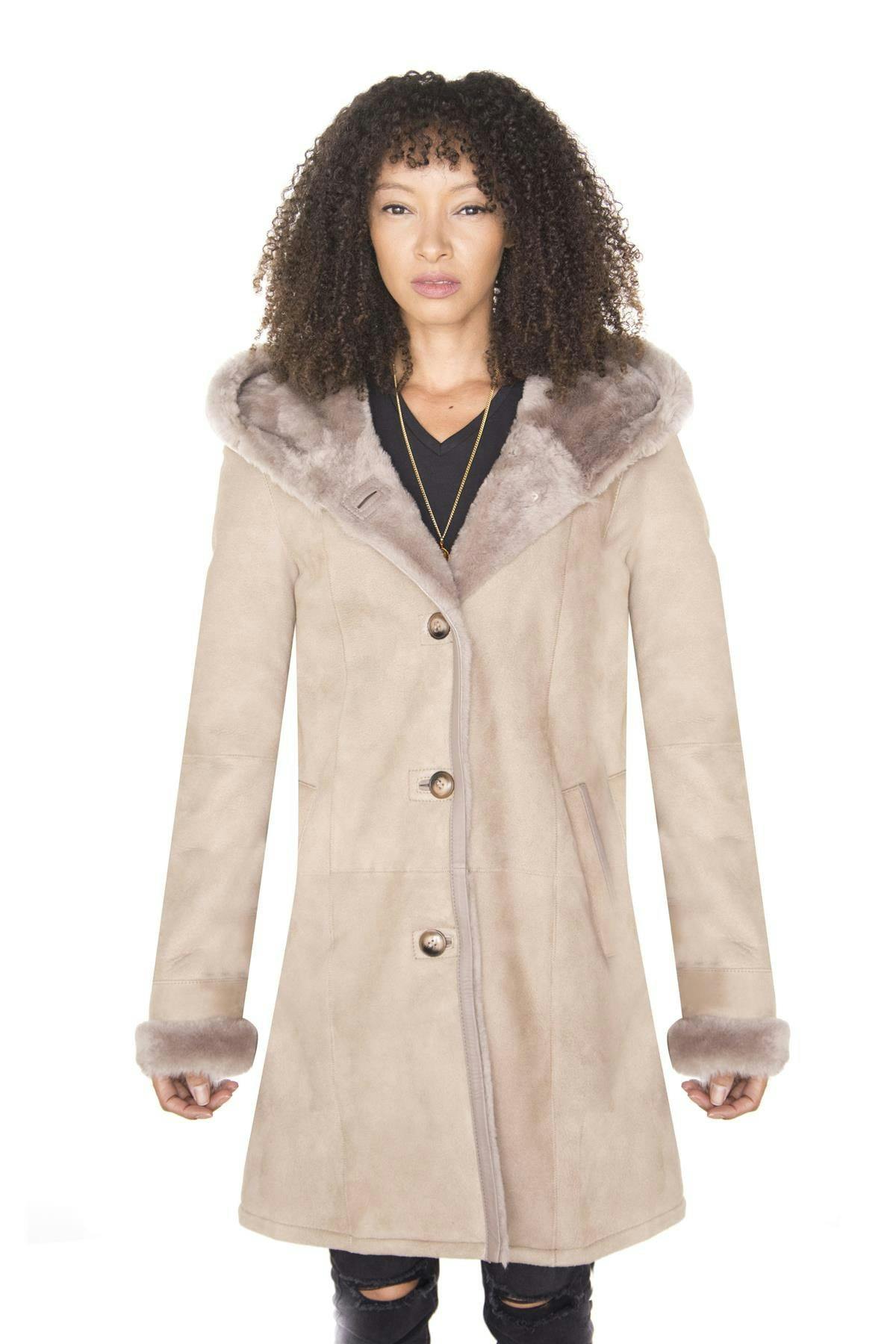 Infinity Leather Women's Beige Suede Merino Sheepskin Parka Coat-Richmond - Taupe - 3XL
