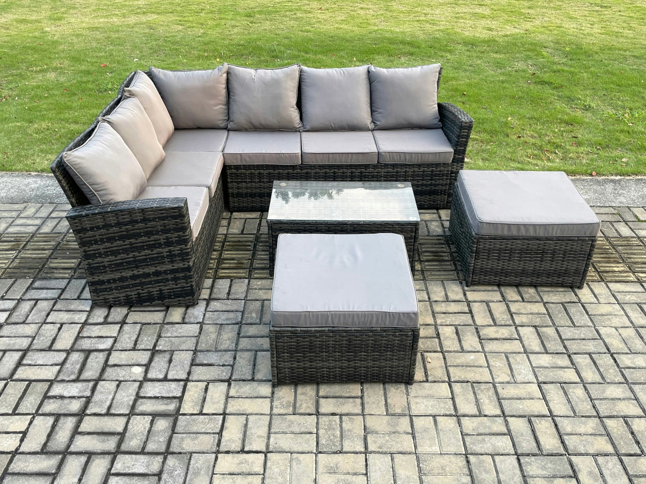 Rackhams Dark/Grey 8 Seater High Back Outdoor Garden Furniture Set Rattan Corner Sofa Set With Rectangular Coffee Table 2 Big Footstool Mixed