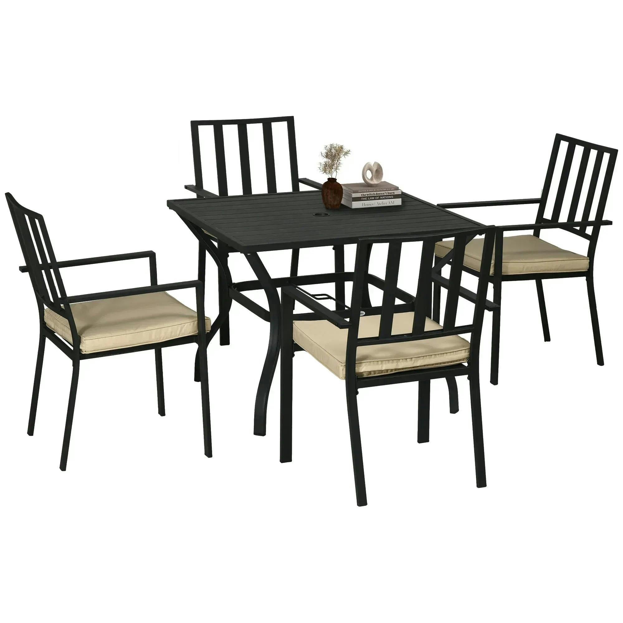 Garden Dining Set with 4 Stackable Cushioned Chairs Metal Top Outdoor Table - Image 4
