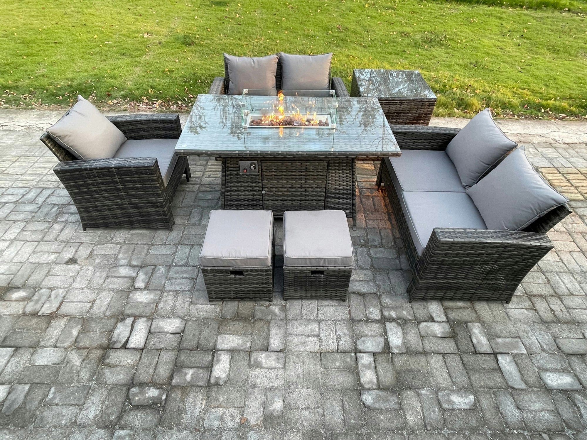 Fimous Dark/Grey 7-Seater Rattan Outdoor Gas Fire Pit Set | Gas Heater, Loveseat, Armchair, Side Table, 2 Footstools |